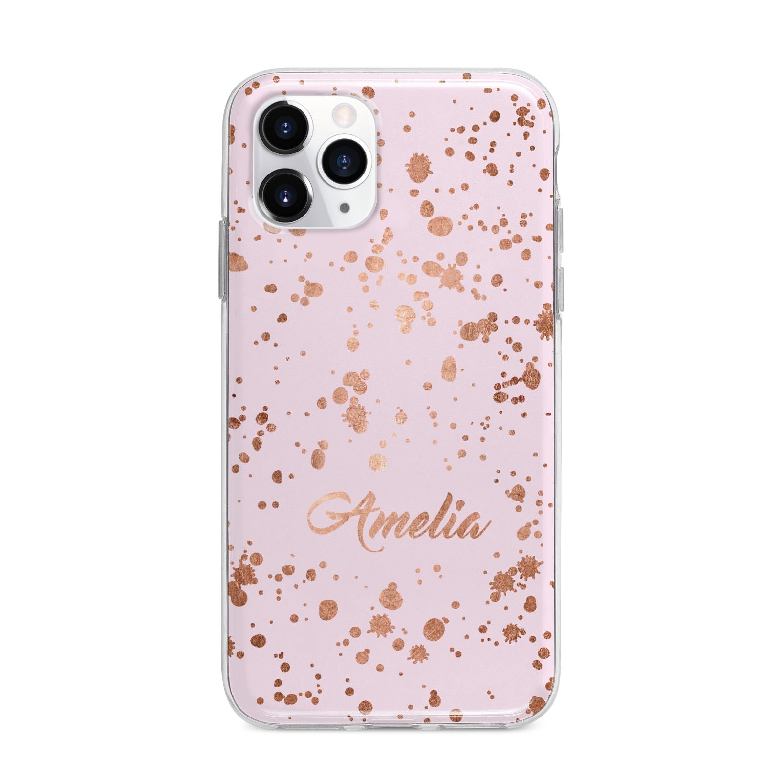 Personalised Pink Copper Splats Name Apple iPhone 11 Pro in Silver with Bumper Case
