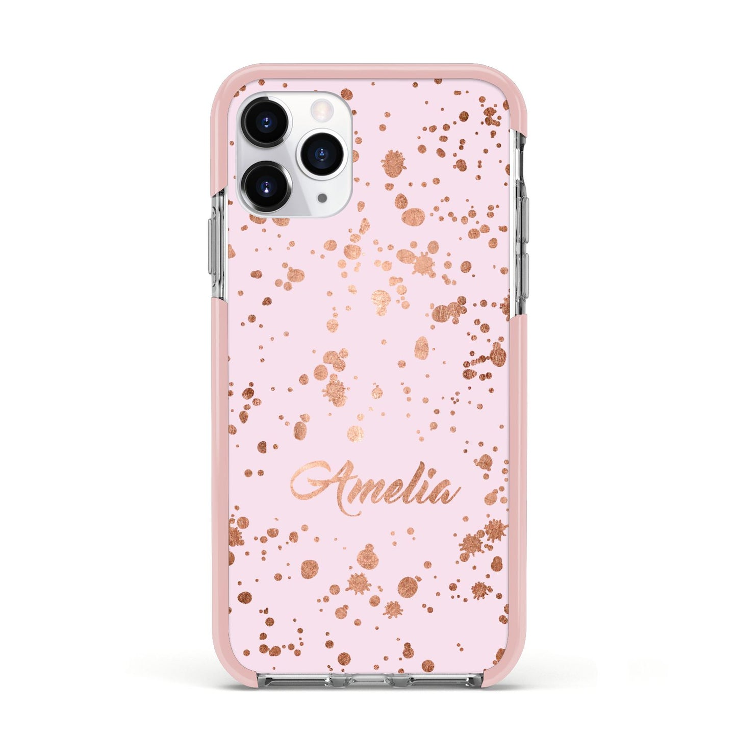 Personalised Pink Copper Splats Name Apple iPhone 11 Pro in Silver with Pink Impact Case