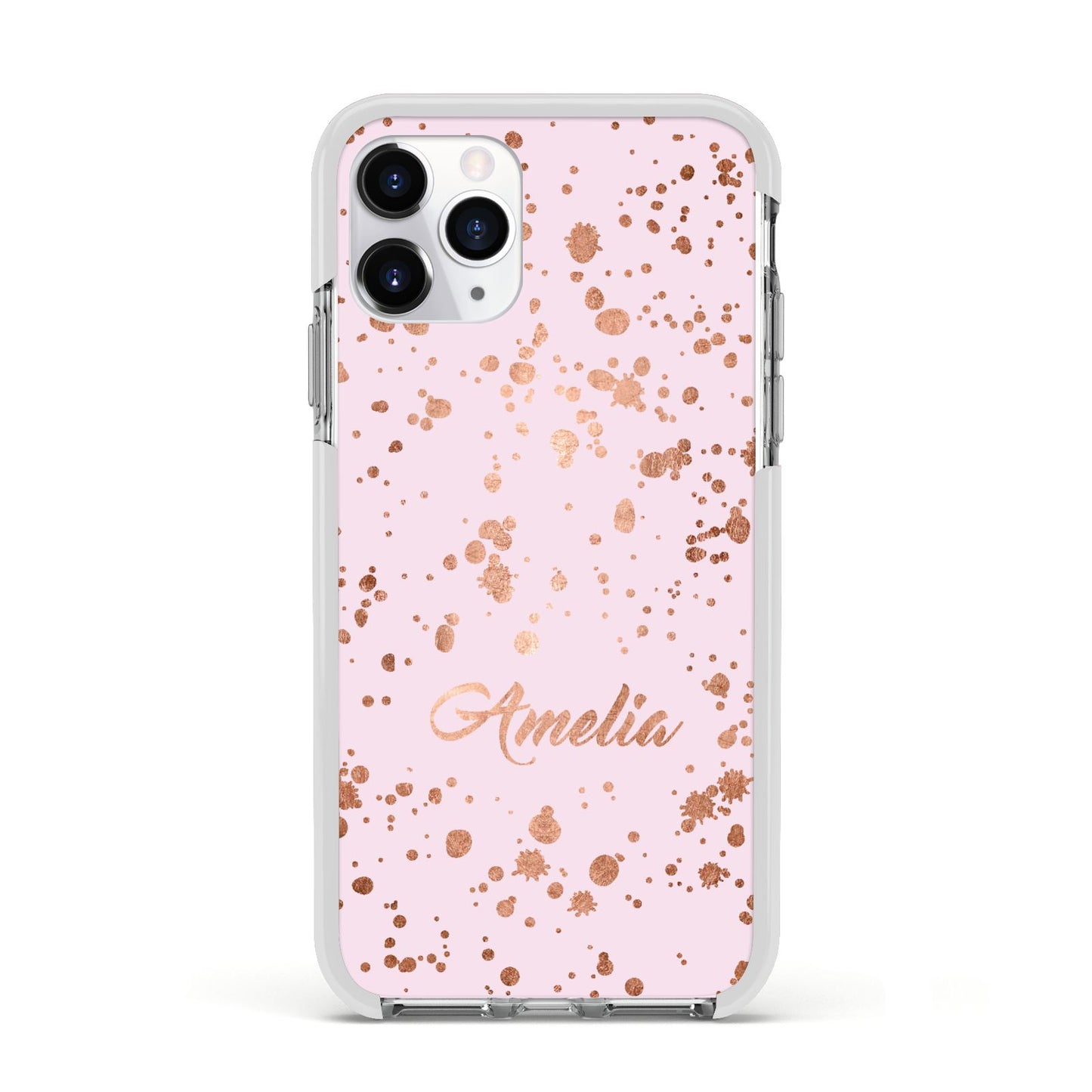 Personalised Pink Copper Splats Name Apple iPhone 11 Pro in Silver with White Impact Case
