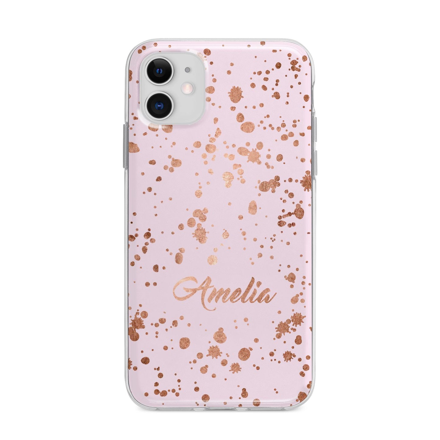 Personalised Pink Copper Splats Name Apple iPhone 11 in White with Bumper Case