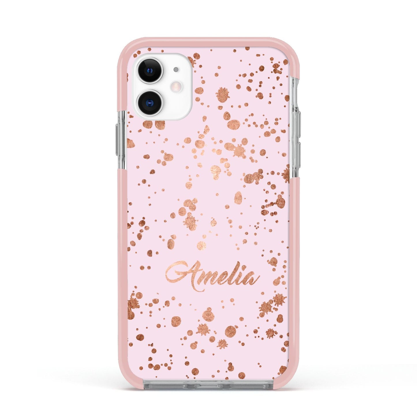 Personalised Pink Copper Splats Name Apple iPhone 11 in White with Pink Impact Case