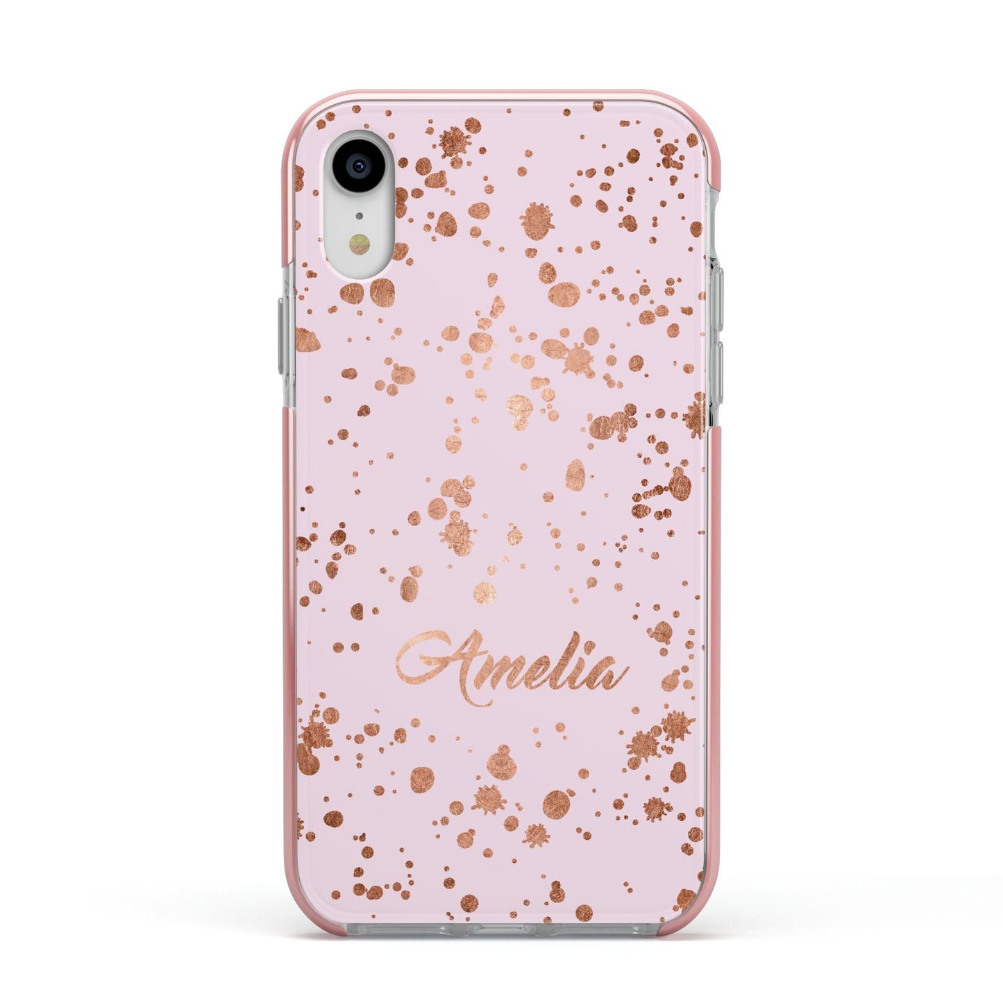 Personalised Pink Copper Splats Name Apple iPhone XR Impact Case Pink Edge on Silver Phone