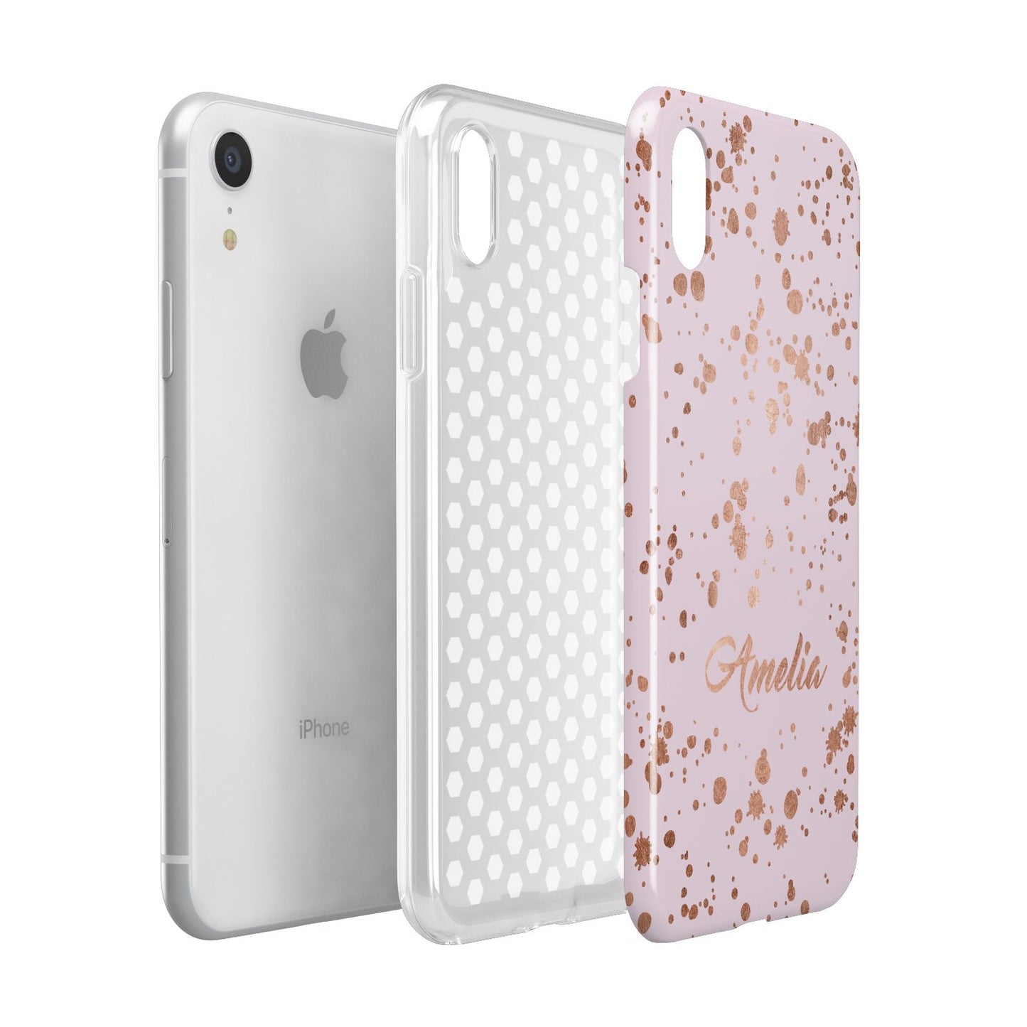 Personalised Pink Copper Splats Name Apple iPhone XR White 3D Tough Case Expanded view