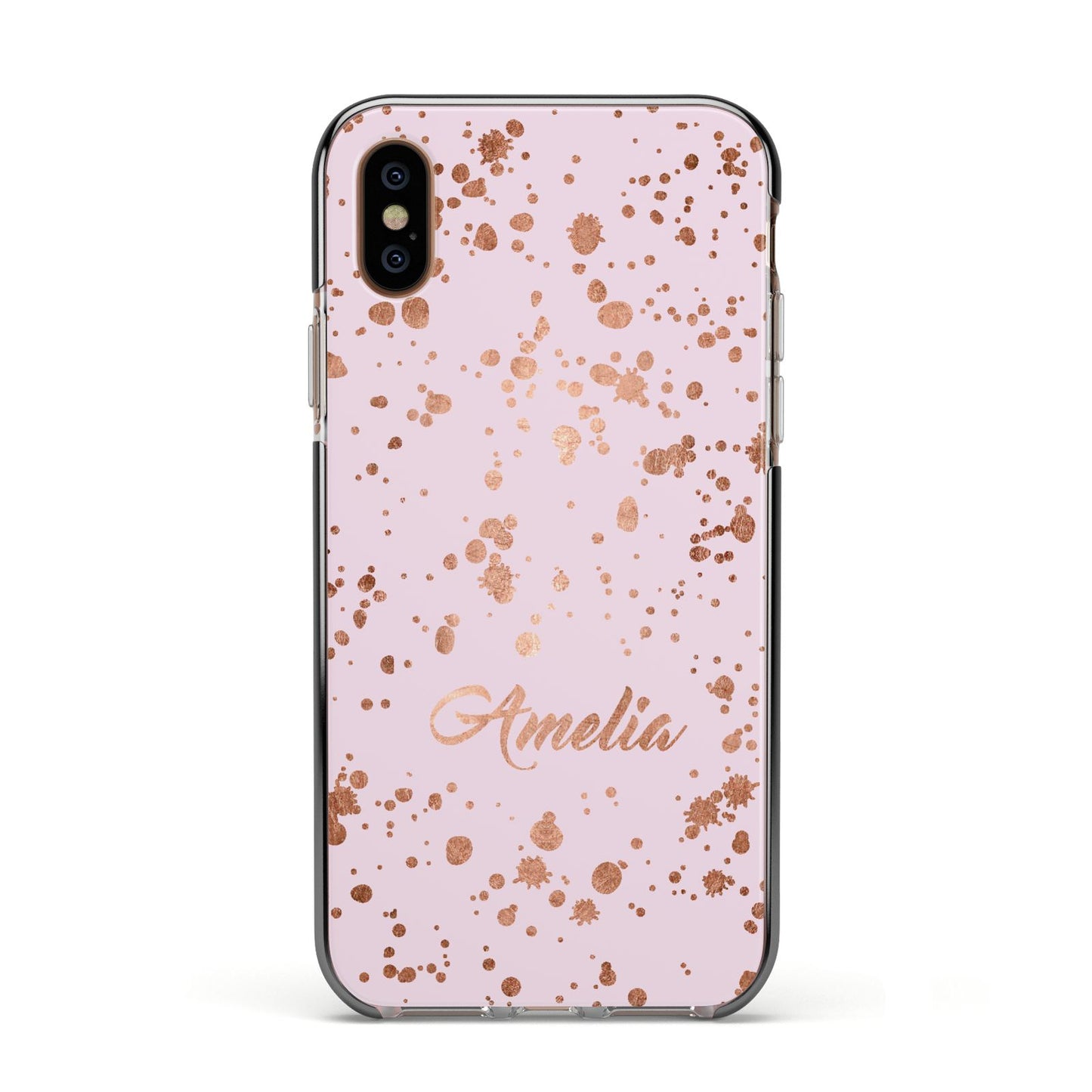 Personalised Pink Copper Splats Name Apple iPhone Xs Impact Case Black Edge on Gold Phone
