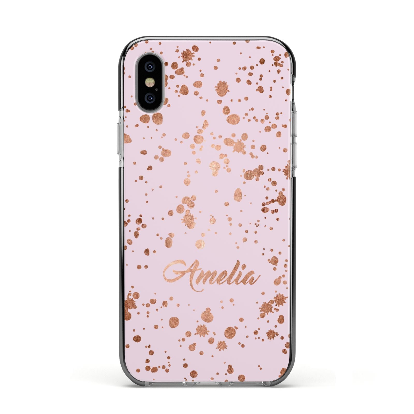 Personalised Pink Copper Splats Name Apple iPhone Xs Impact Case Black Edge on Silver Phone