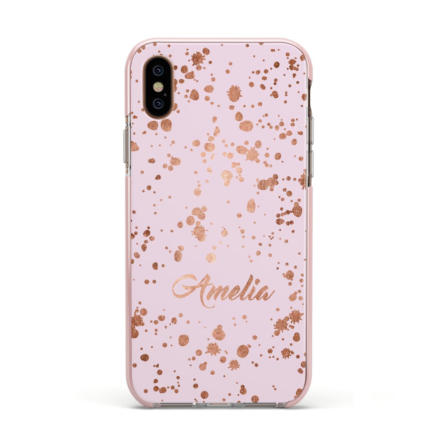 Personalised Pink Copper Splats Name Apple iPhone Xs Impact Case Pink Edge on Gold Phone