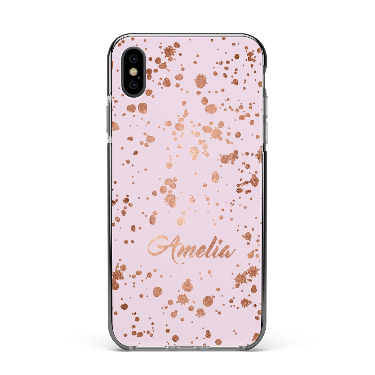 Personalised Pink Copper Splats Name Apple iPhone Xs Max Impact Case Black Edge on Black Phone
