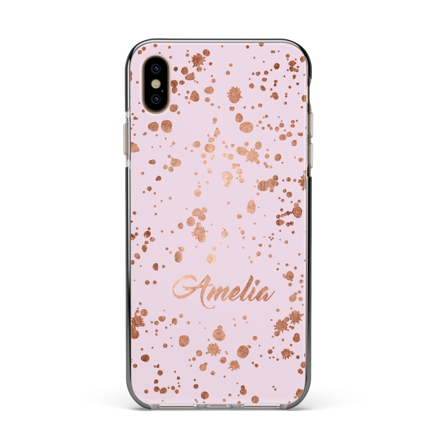 Personalised Pink Copper Splats Name Apple iPhone Xs Max Impact Case Black Edge on Gold Phone