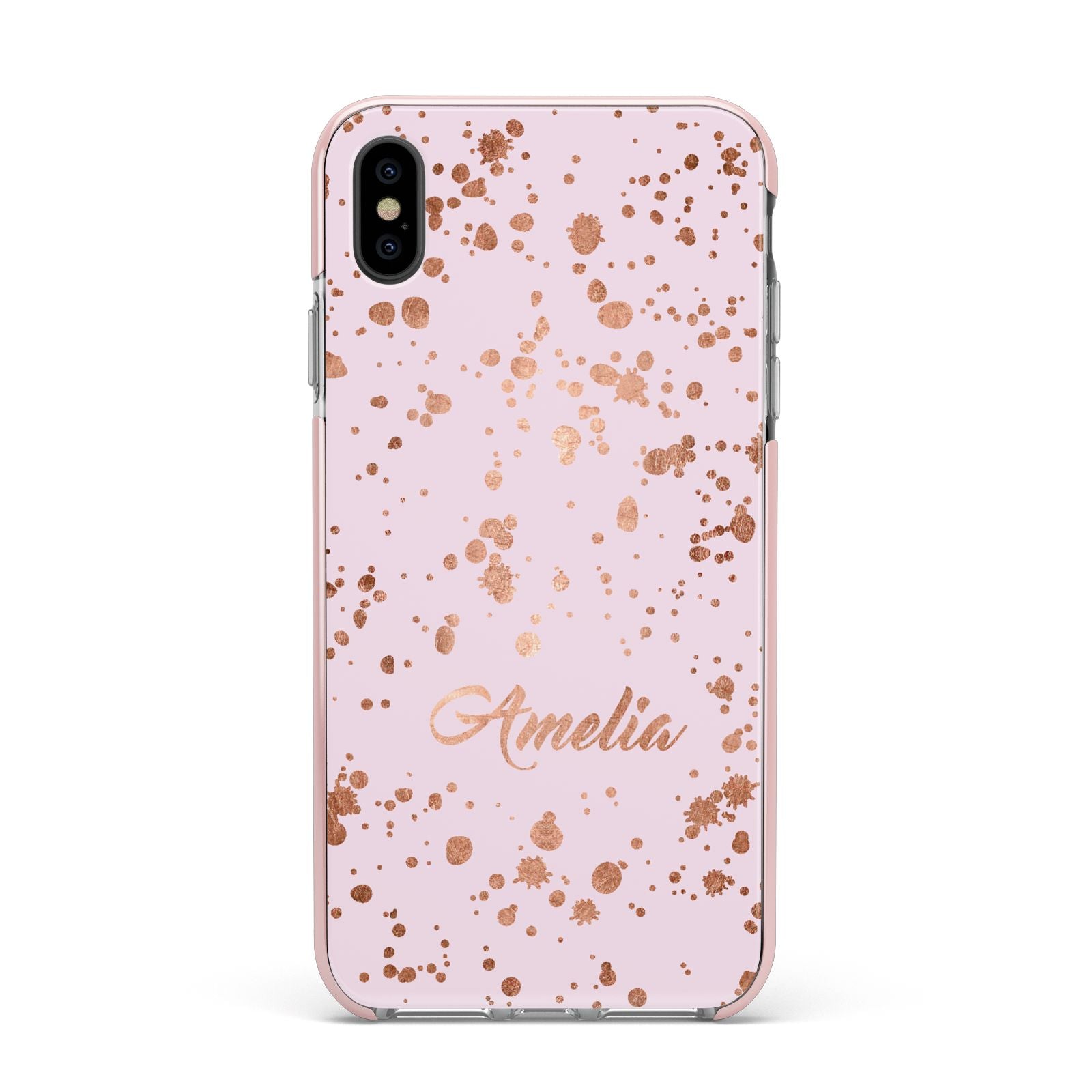 Personalised Pink Copper Splats Name Apple iPhone Xs Max Impact Case Pink Edge on Black Phone