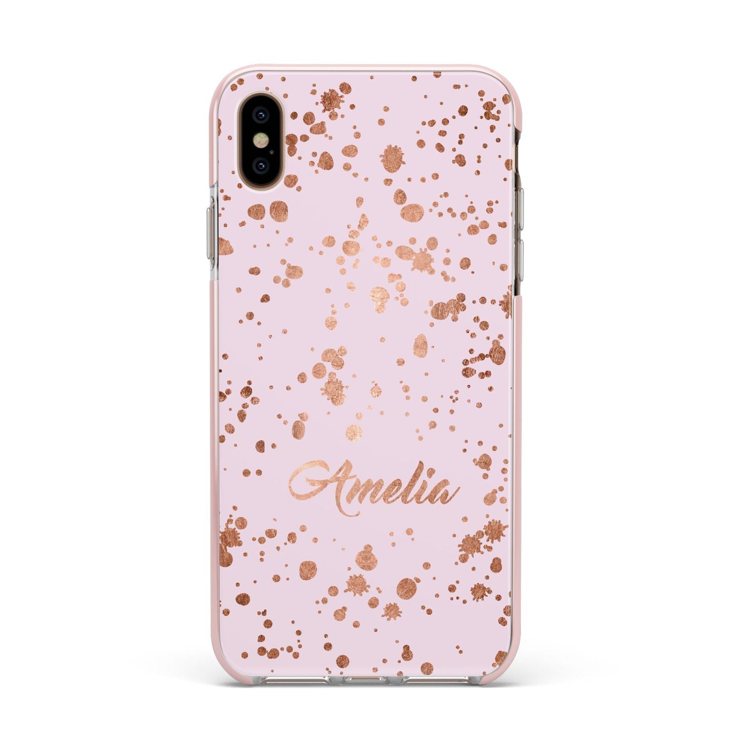 Personalised Pink Copper Splats Name Apple iPhone Xs Max Impact Case Pink Edge on Gold Phone