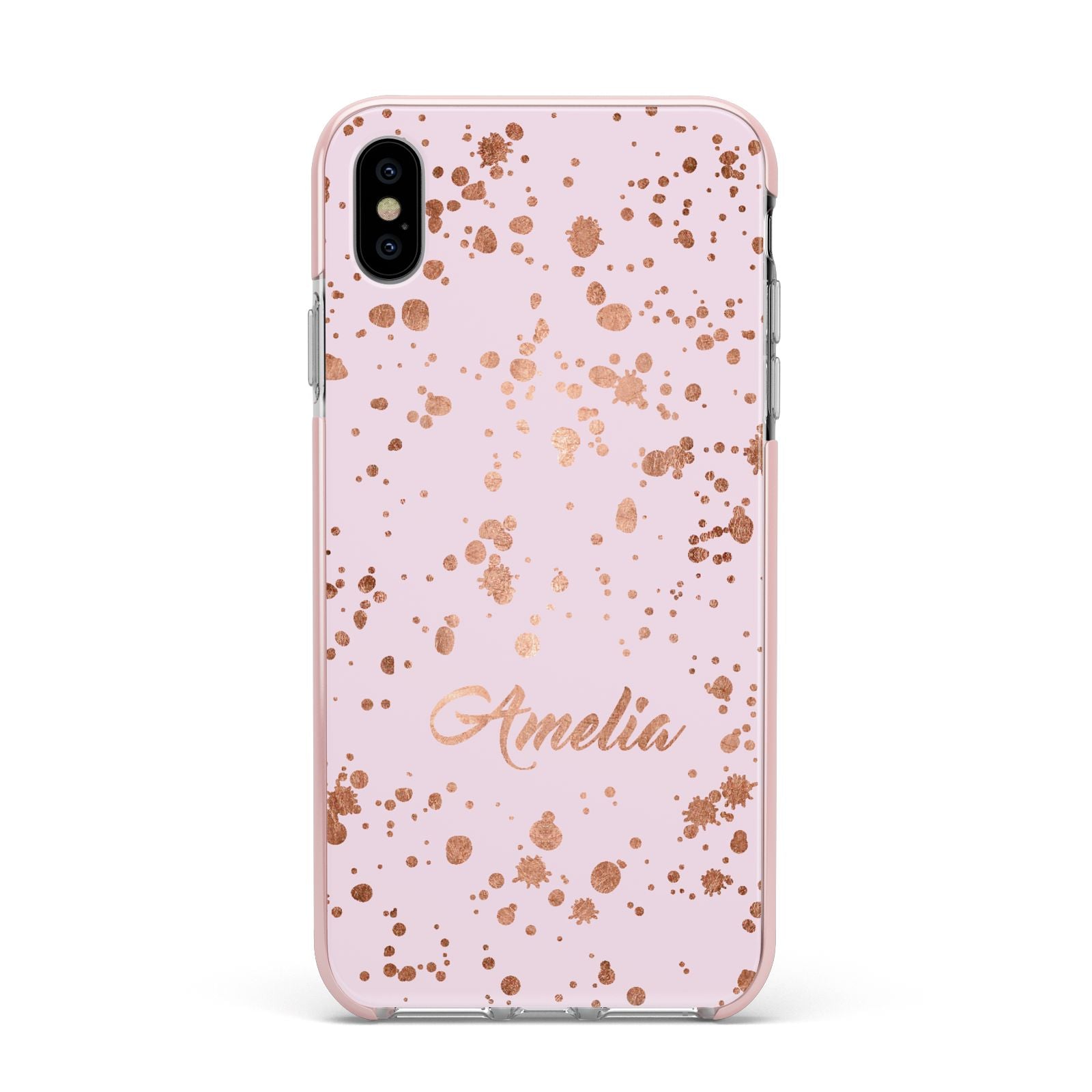 Personalised Pink Copper Splats Name Apple iPhone Xs Max Impact Case Pink Edge on Silver Phone