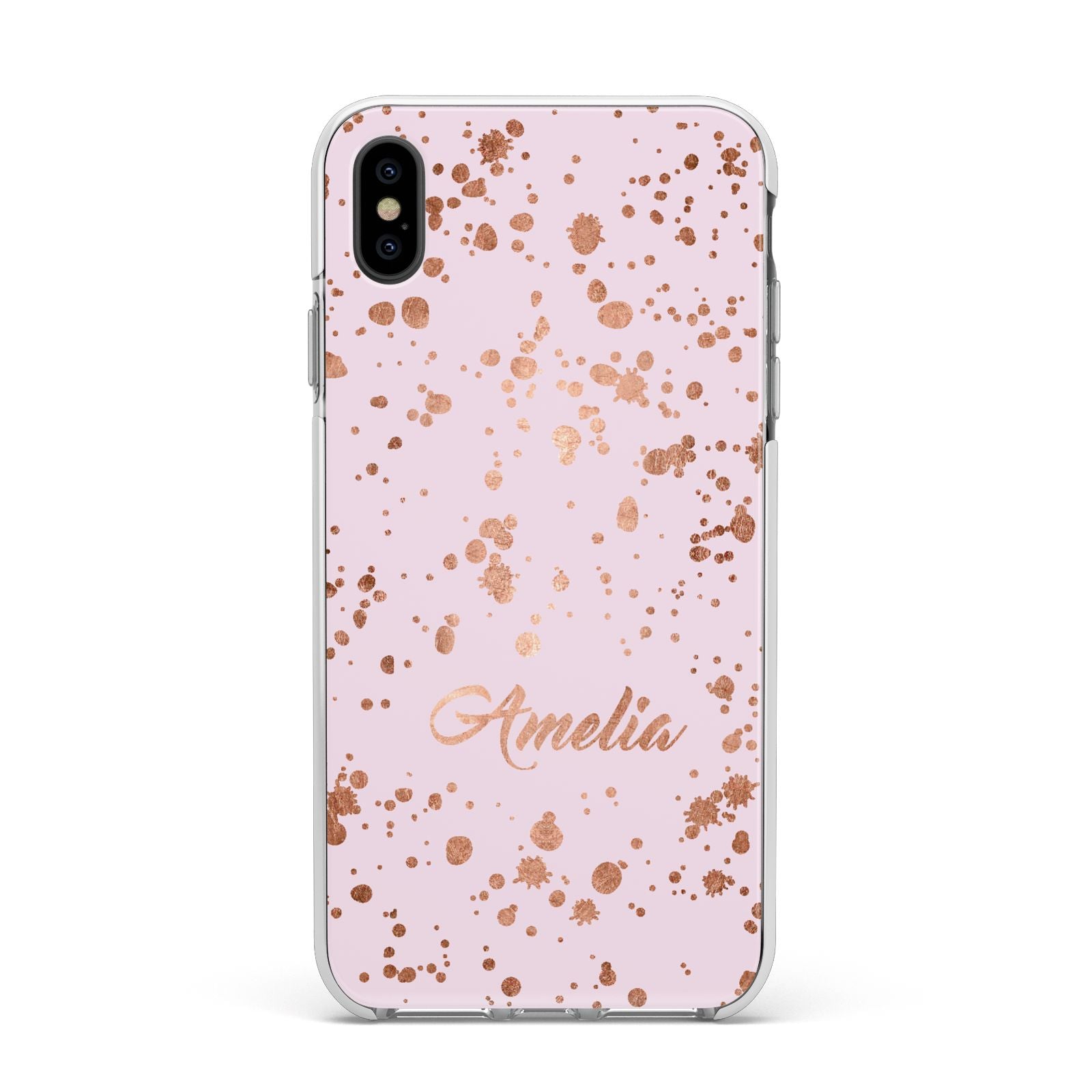 Personalised Pink Copper Splats Name Apple iPhone Xs Max Impact Case White Edge on Black Phone