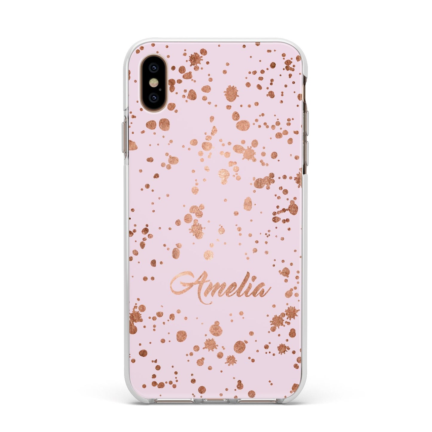 Personalised Pink Copper Splats Name Apple iPhone Xs Max Impact Case White Edge on Gold Phone