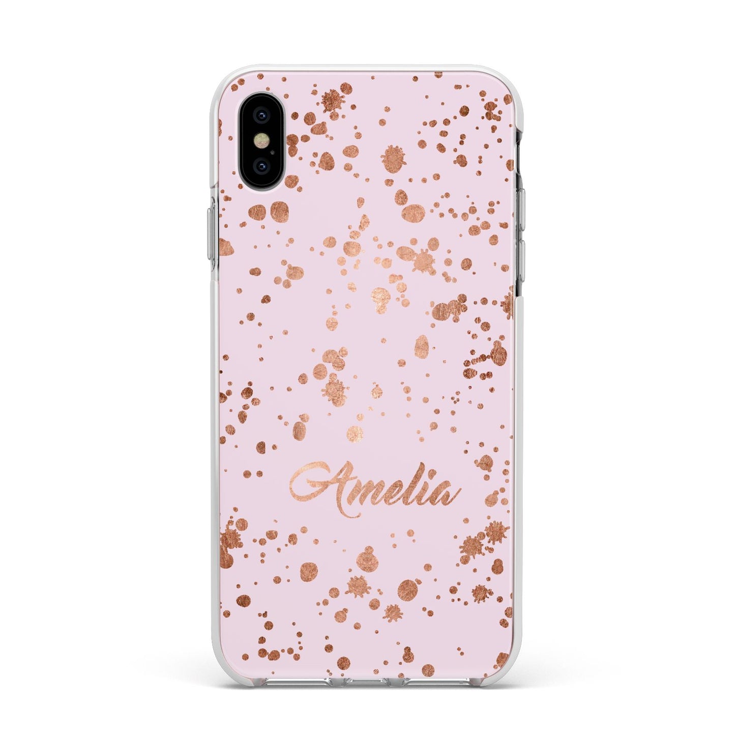 Personalised Pink Copper Splats Name Apple iPhone Xs Max Impact Case White Edge on Silver Phone