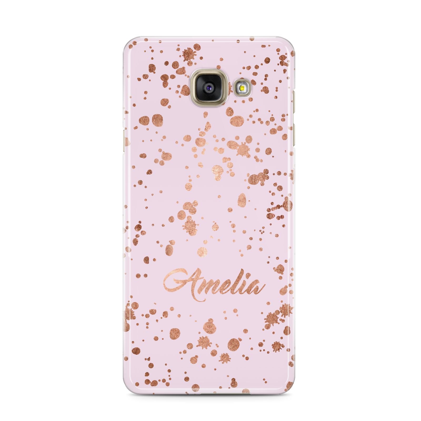 Personalised Pink Copper Splats Name Samsung Galaxy A3 2016 Case on gold phone