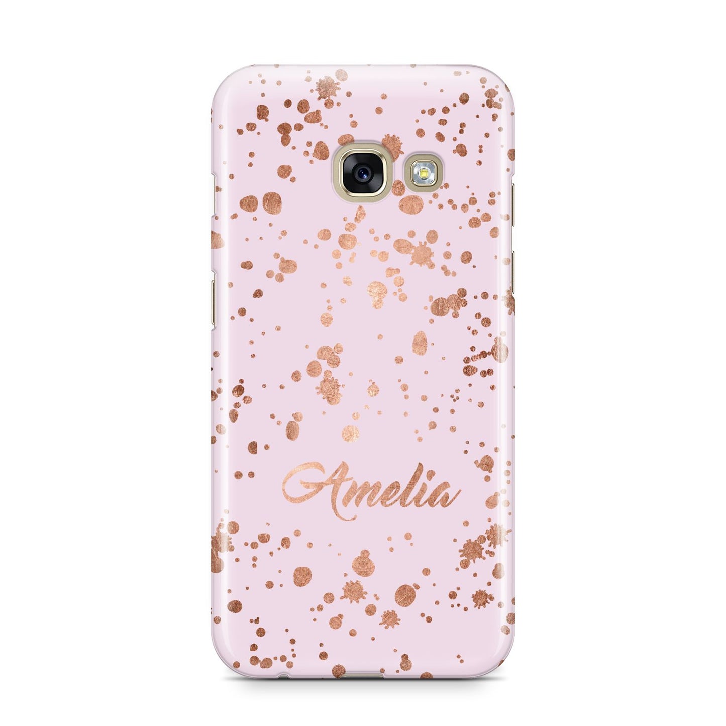 Personalised Pink Copper Splats Name Samsung Galaxy A3 2017 Case on gold phone