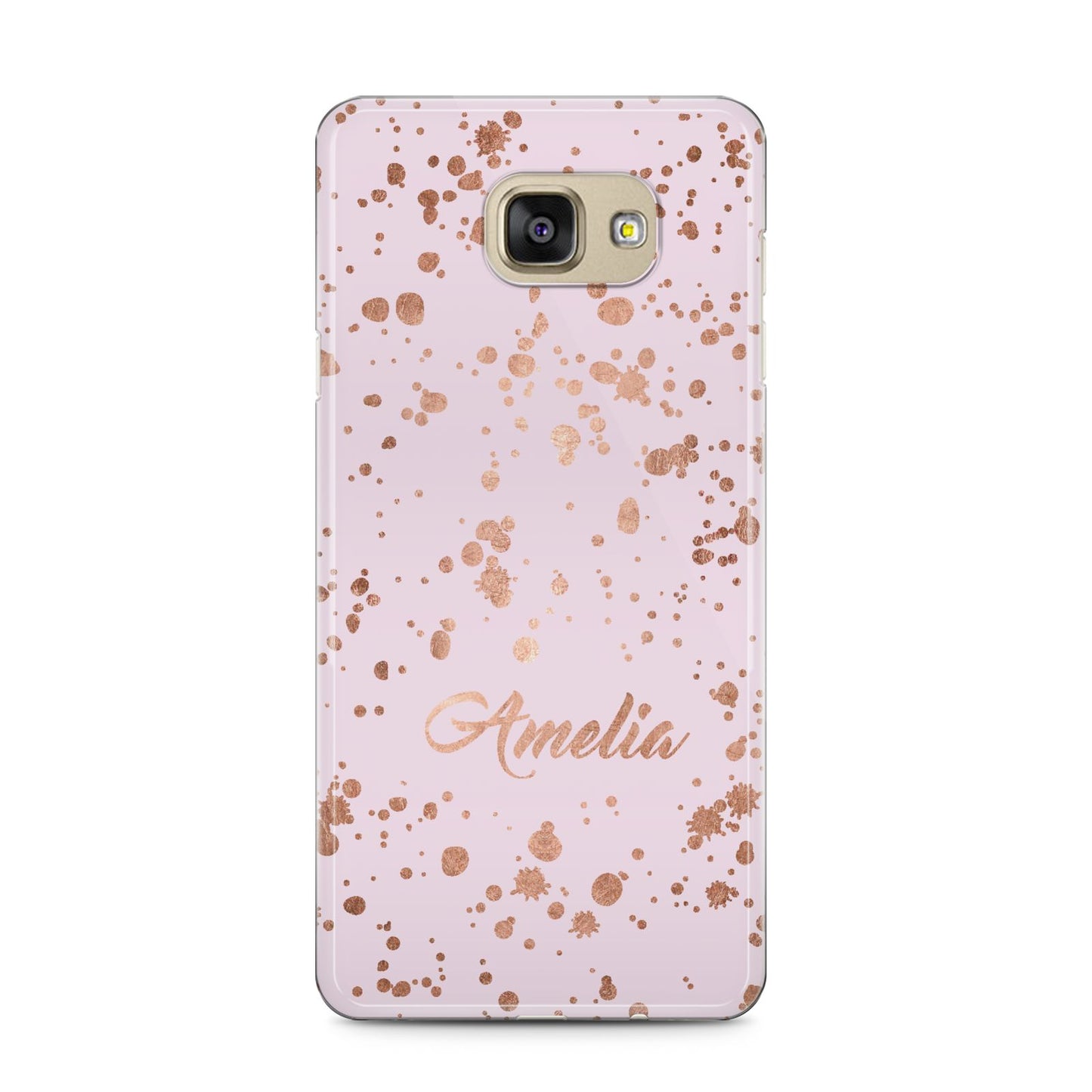 Personalised Pink Copper Splats Name Samsung Galaxy A5 2016 Case on gold phone