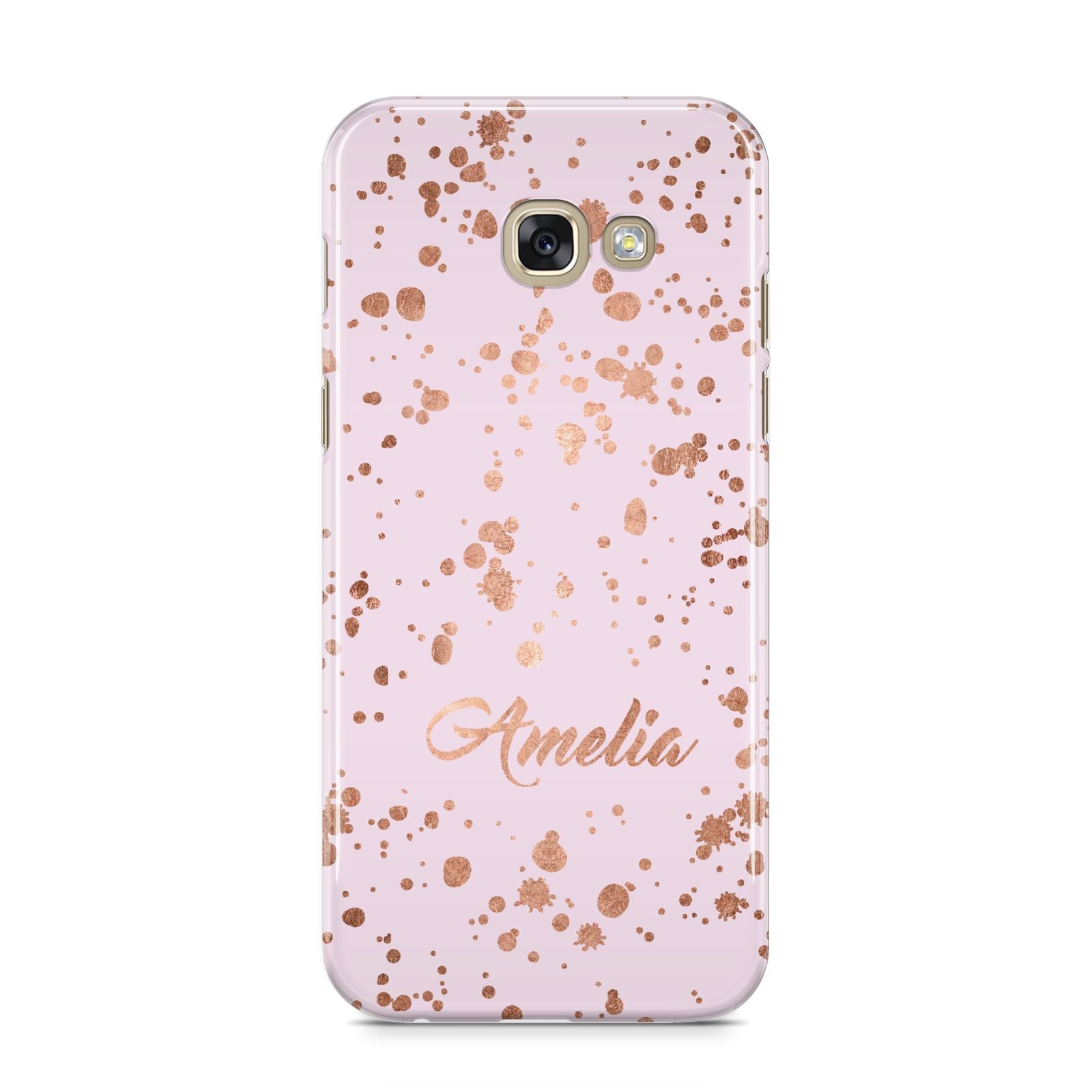 Personalised Pink Copper Splats Name Samsung Galaxy A5 2017 Case on gold phone