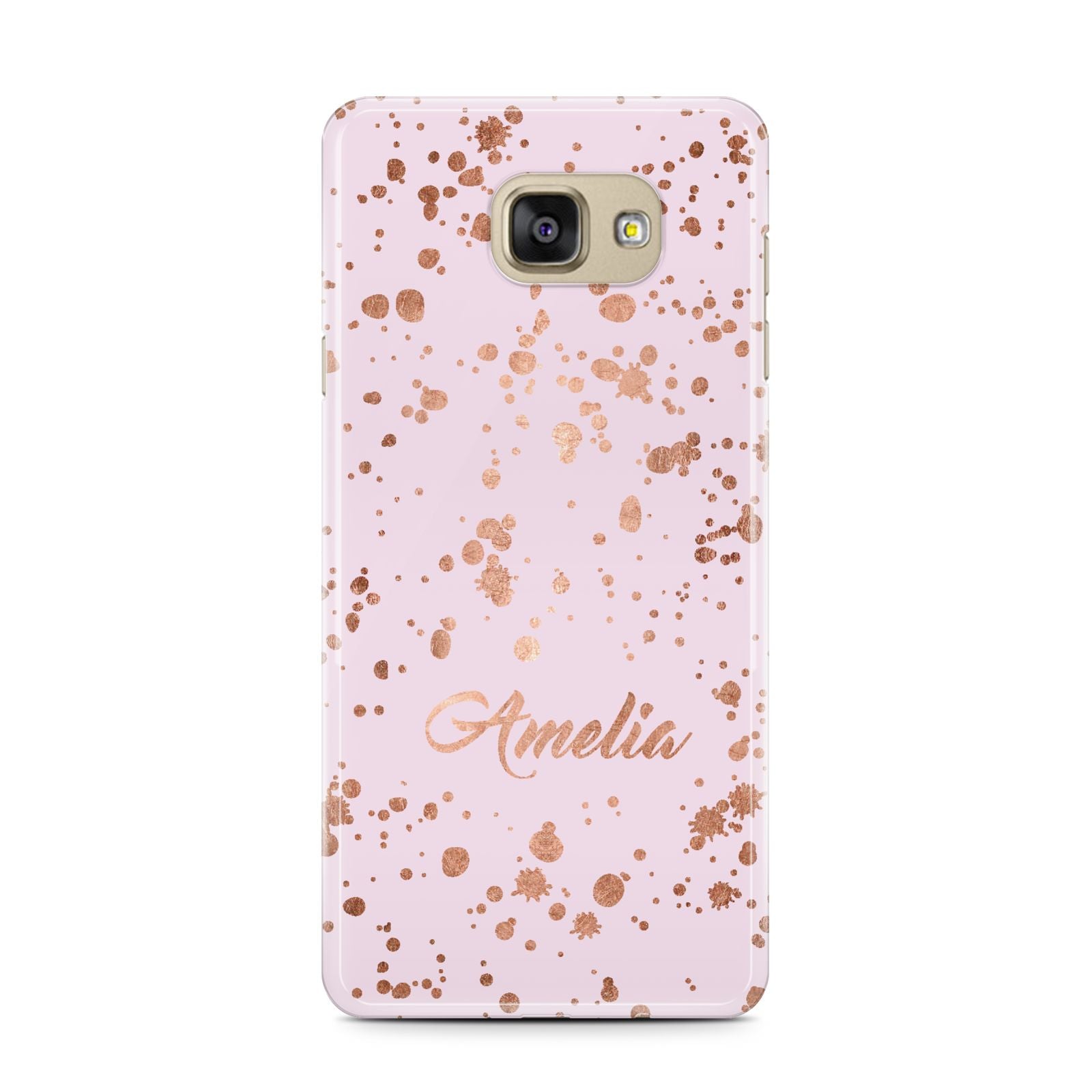 Personalised Pink Copper Splats Name Samsung Galaxy A7 2016 Case on gold phone