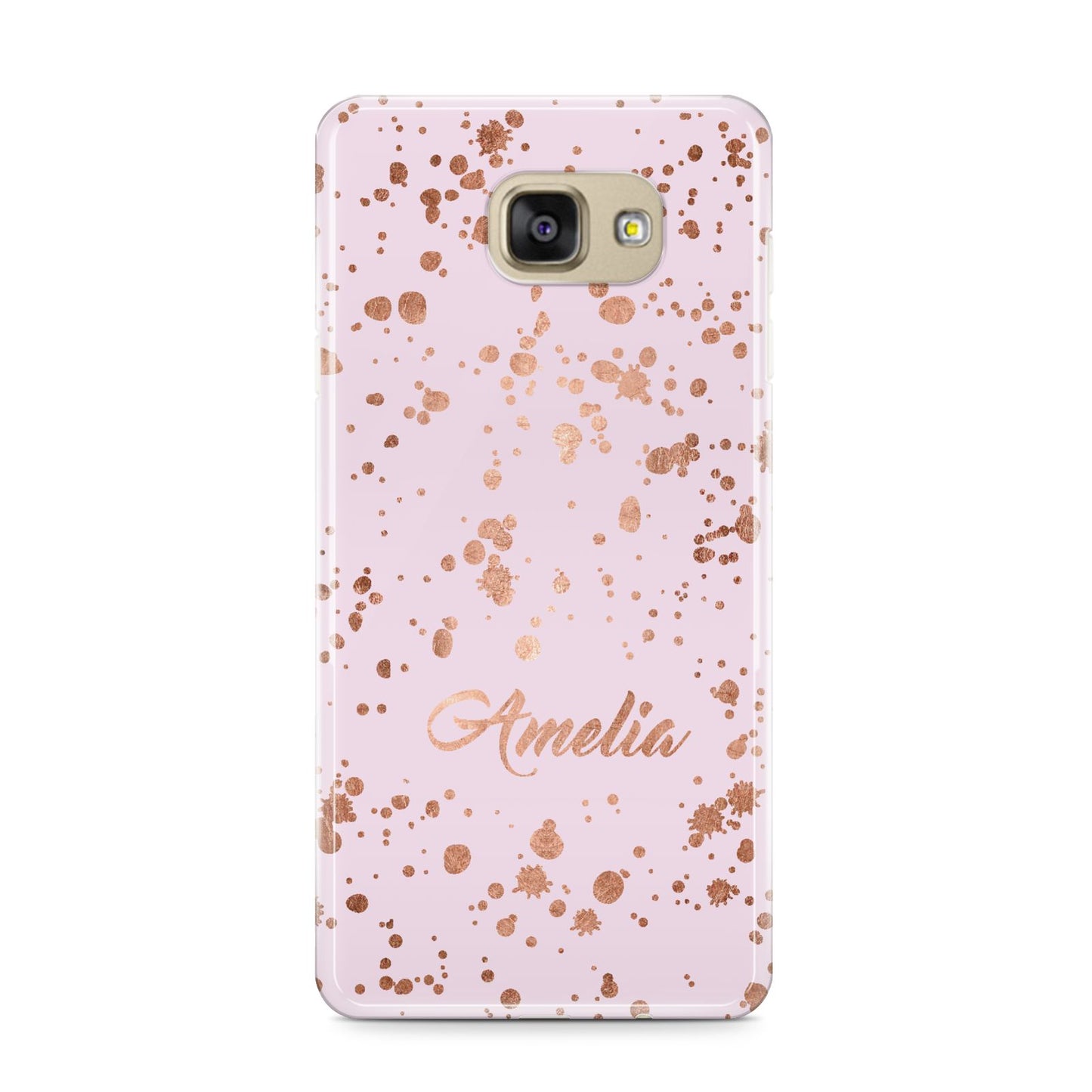 Personalised Pink Copper Splats Name Samsung Galaxy A9 2016 Case on gold phone