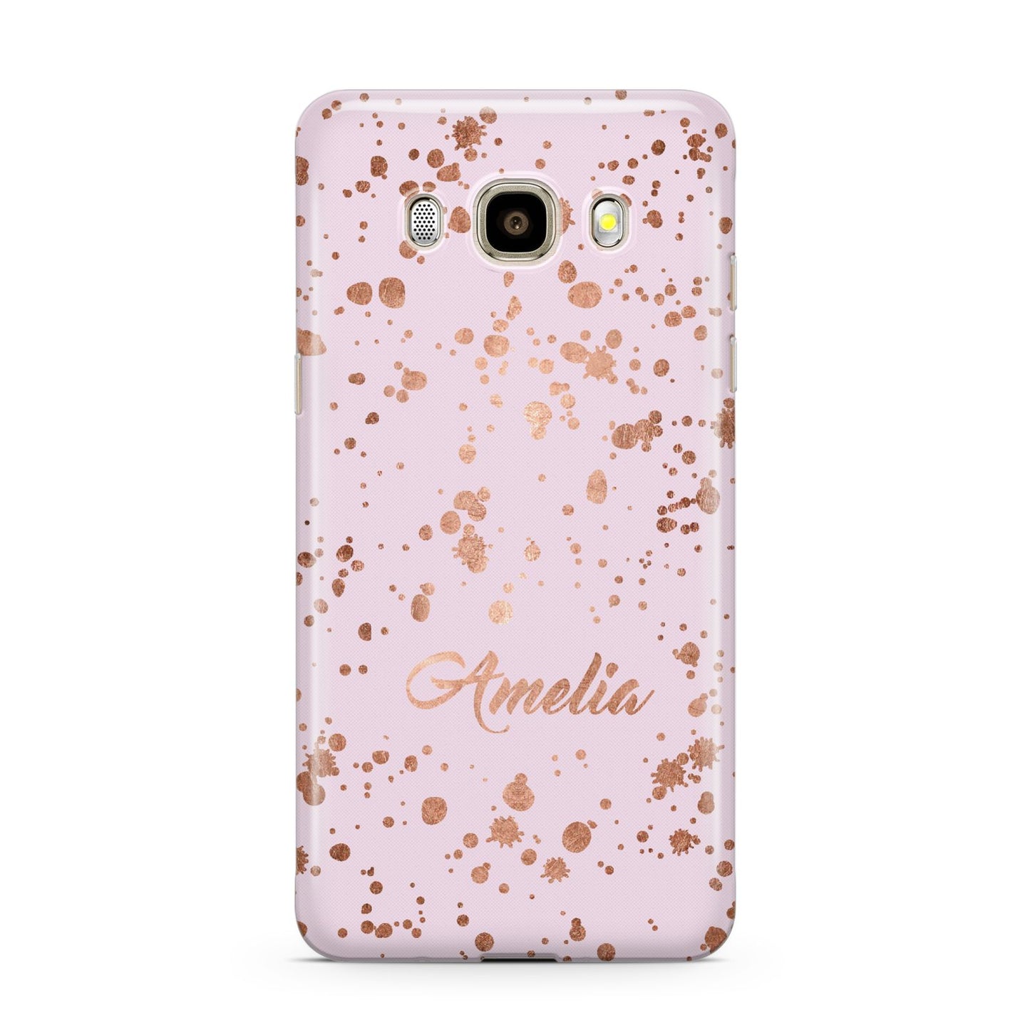 Personalised Pink Copper Splats Name Samsung Galaxy J7 2016 Case on gold phone