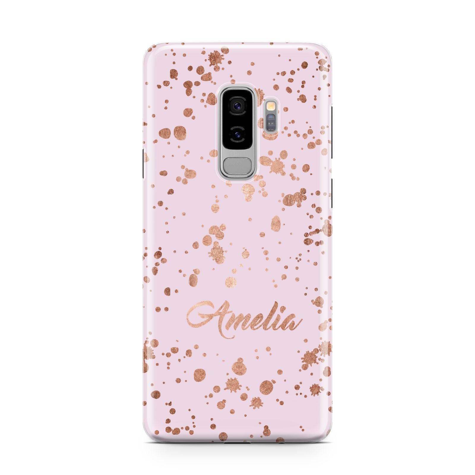 Personalised Pink Copper Splats Name Samsung Galaxy S9 Plus Case on Silver phone