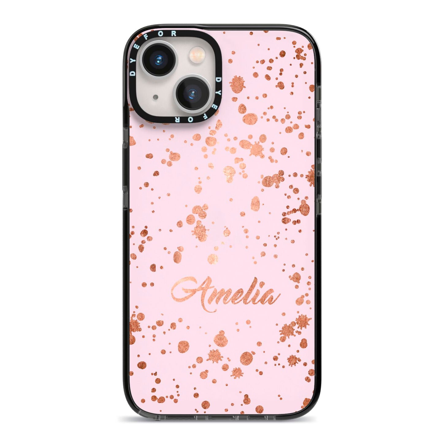 Personalised Pink Copper Splats Name iPhone 13 Black Impact Case on Silver phone