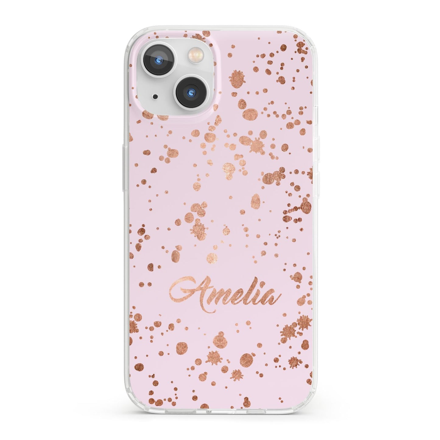 Personalised Pink Copper Splats Name iPhone 13 Clear Bumper Case