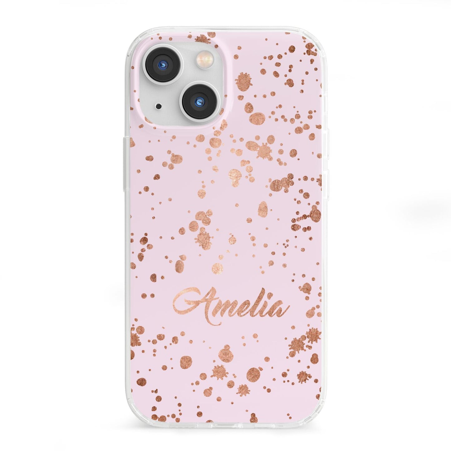 Personalised Pink Copper Splats Name iPhone 13 Mini Clear Bumper Case