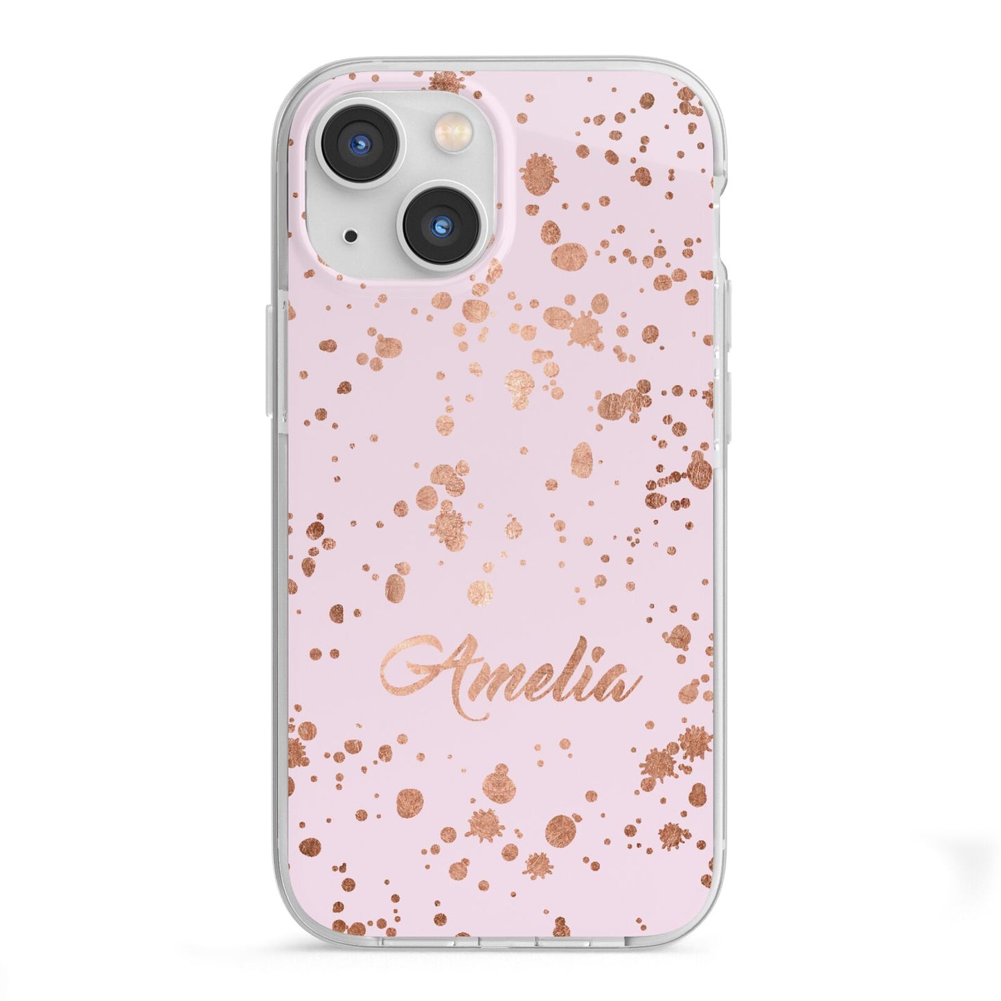 Personalised Pink Copper Splats Name iPhone 13 Mini TPU Impact Case with White Edges