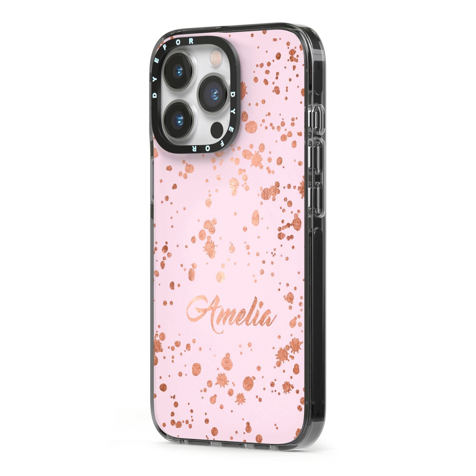 Personalised Pink Copper Splats Name iPhone 13 Pro Black Impact Case Side Angle on Silver phone