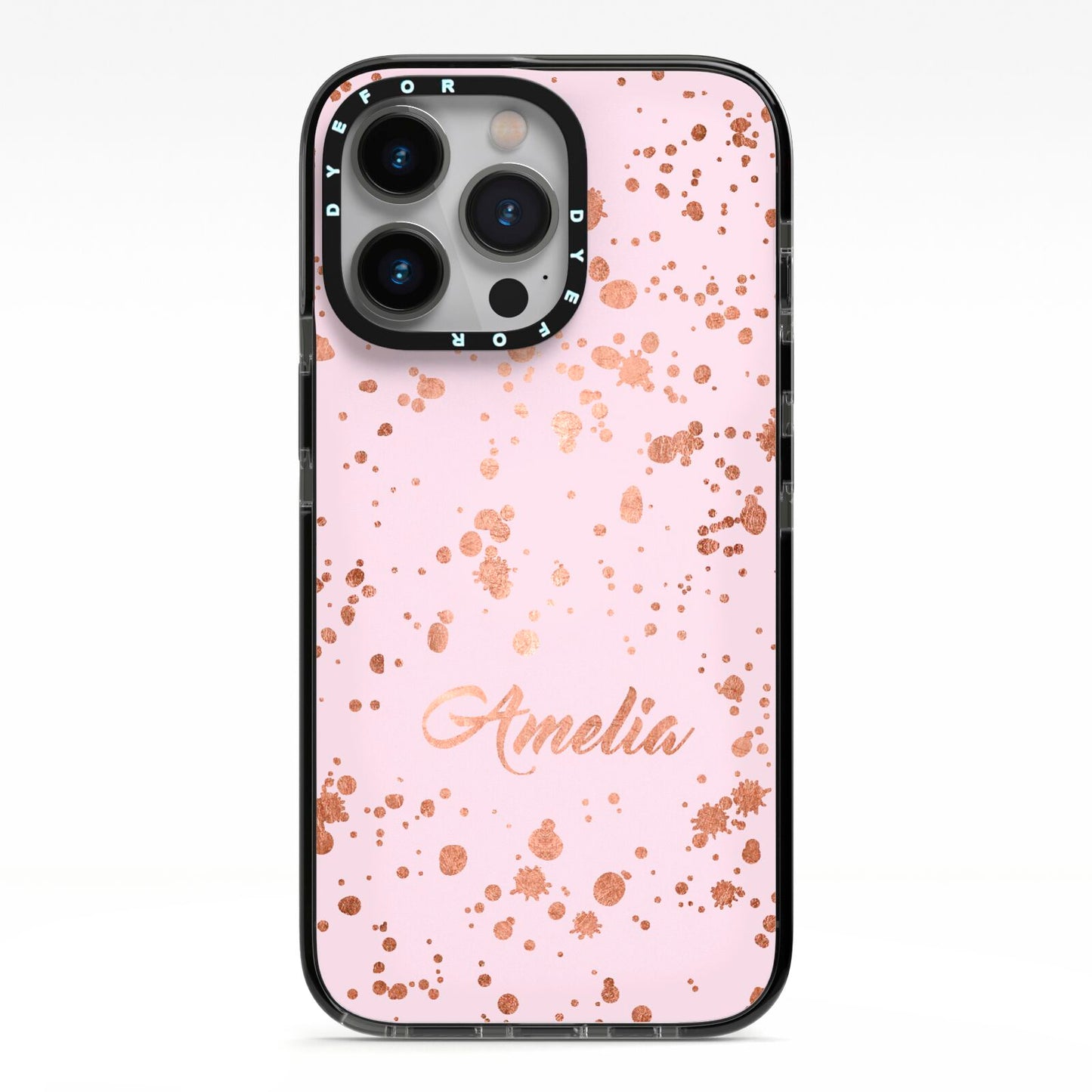 Personalised Pink Copper Splats Name iPhone 13 Pro Black Impact Case on Silver phone