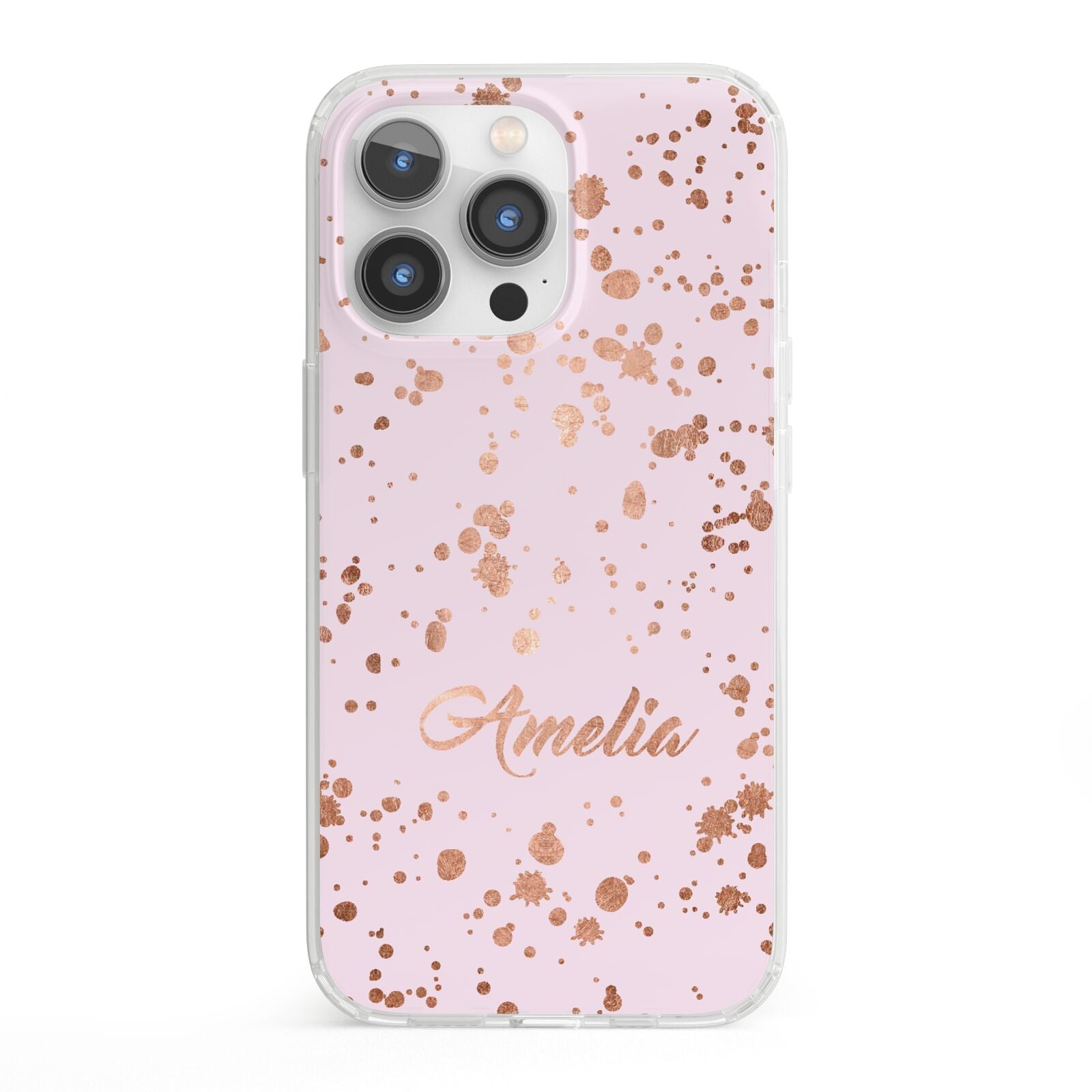 Personalised Pink Copper Splats Name iPhone 13 Pro Clear Bumper Case