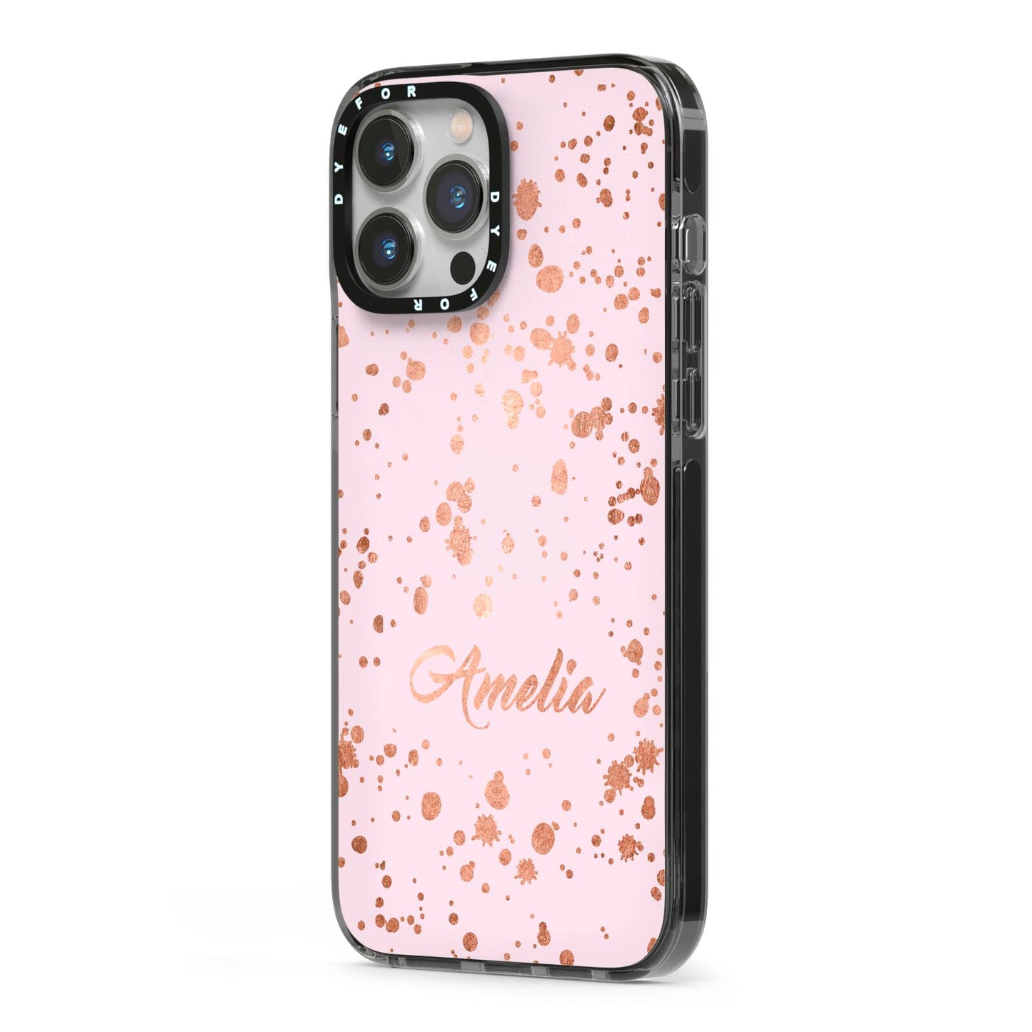 Personalised Pink Copper Splats Name iPhone 13 Pro Max Black Impact Case Side Angle on Silver phone
