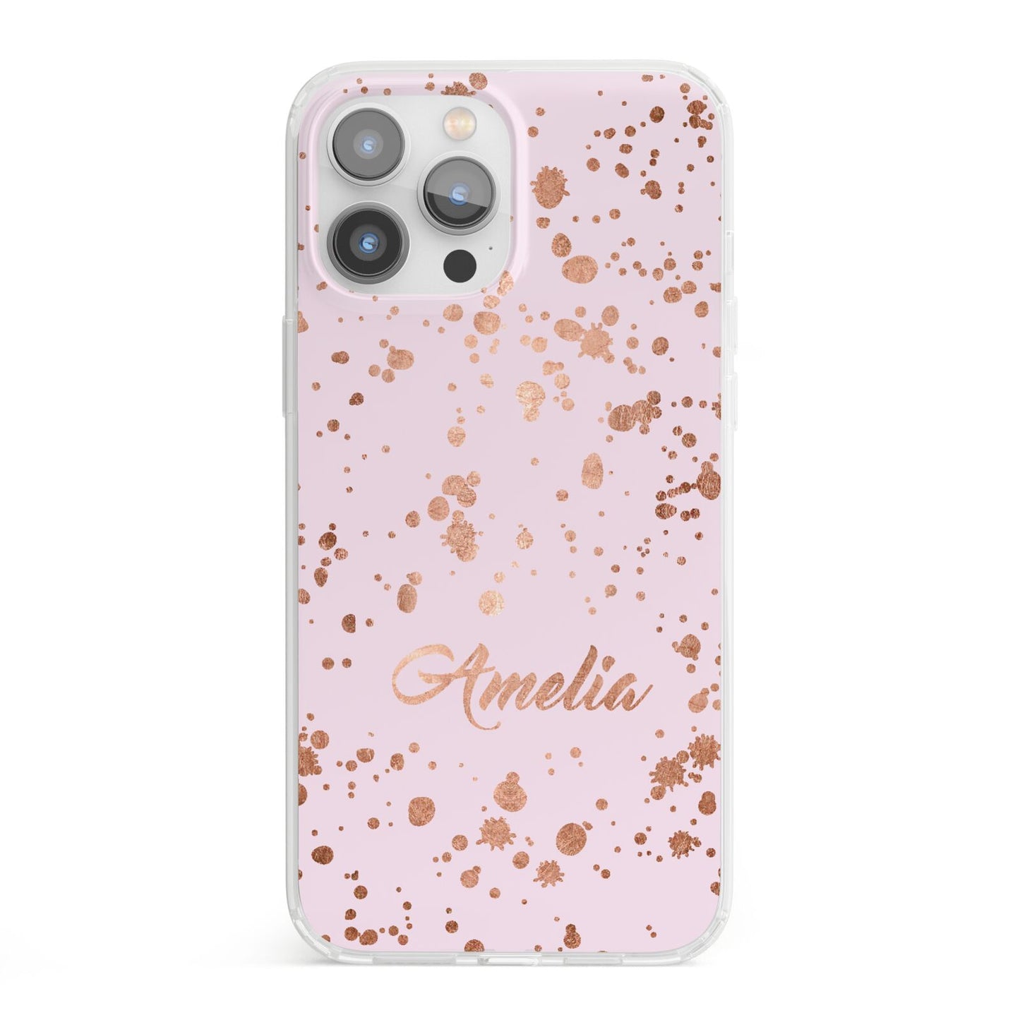 Personalised Pink Copper Splats Name iPhone 13 Pro Max Clear Bumper Case
