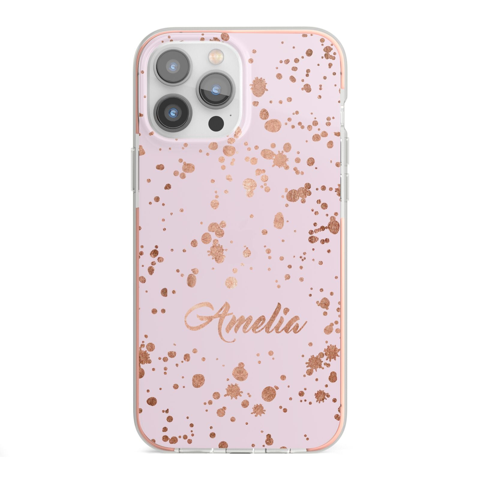 Personalised Pink Copper Splats Name iPhone 13 Pro Max TPU Impact Case with Pink Edges