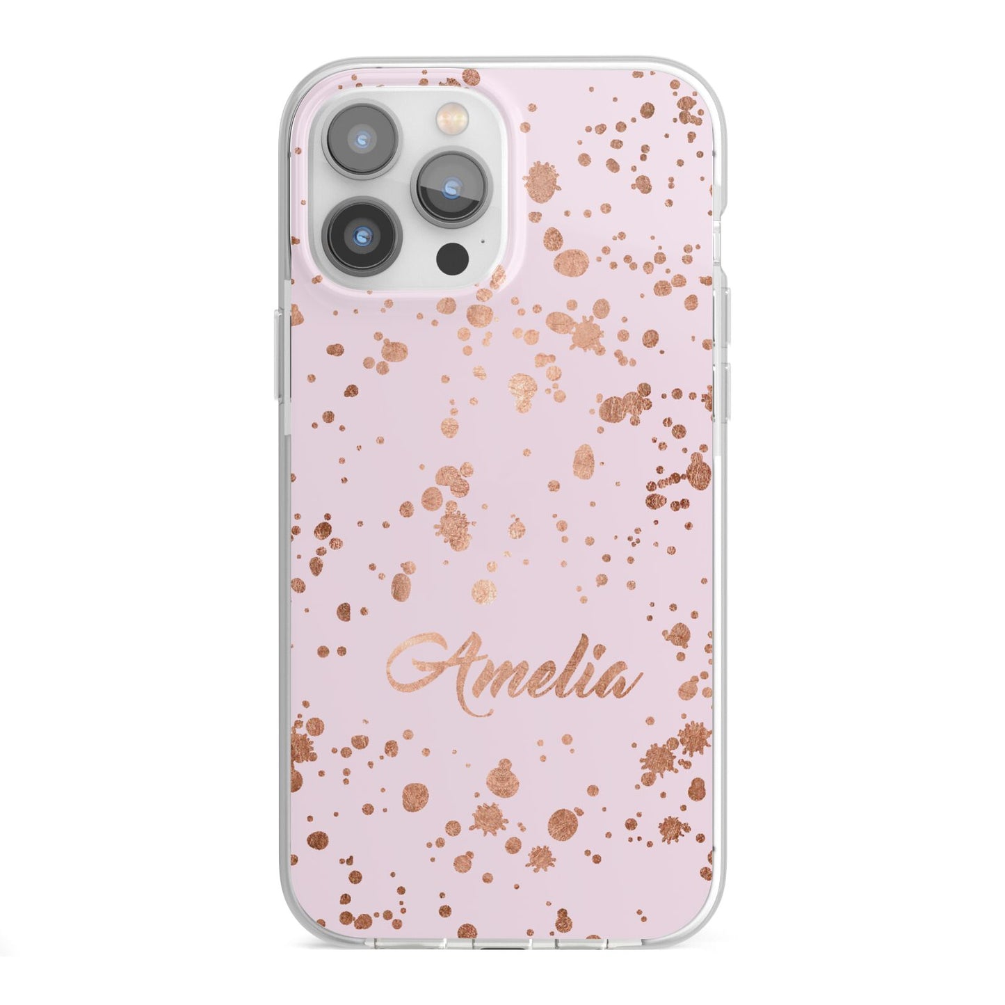 Personalised Pink Copper Splats Name iPhone 13 Pro Max TPU Impact Case with White Edges