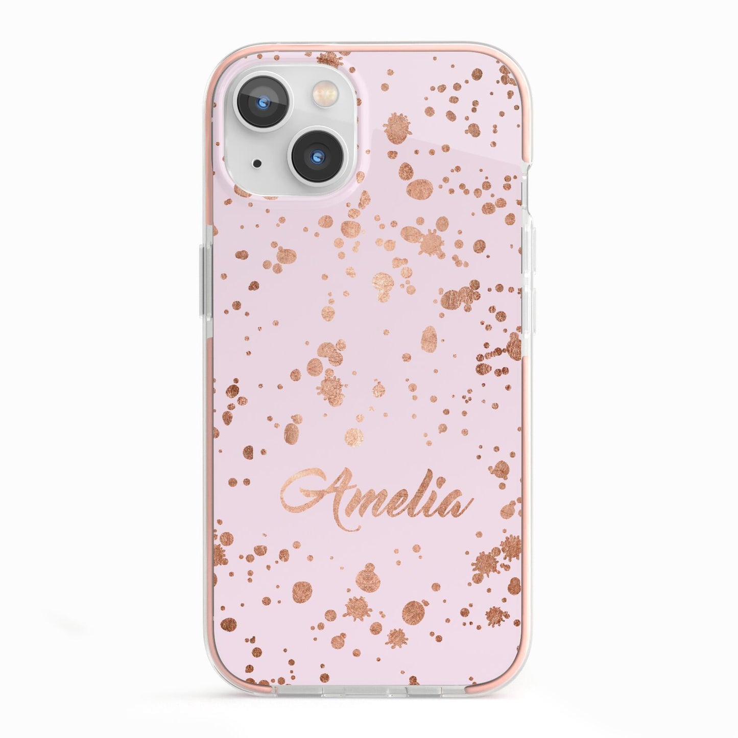 Personalised Pink Copper Splats Name iPhone 13 TPU Impact Case with Pink Edges