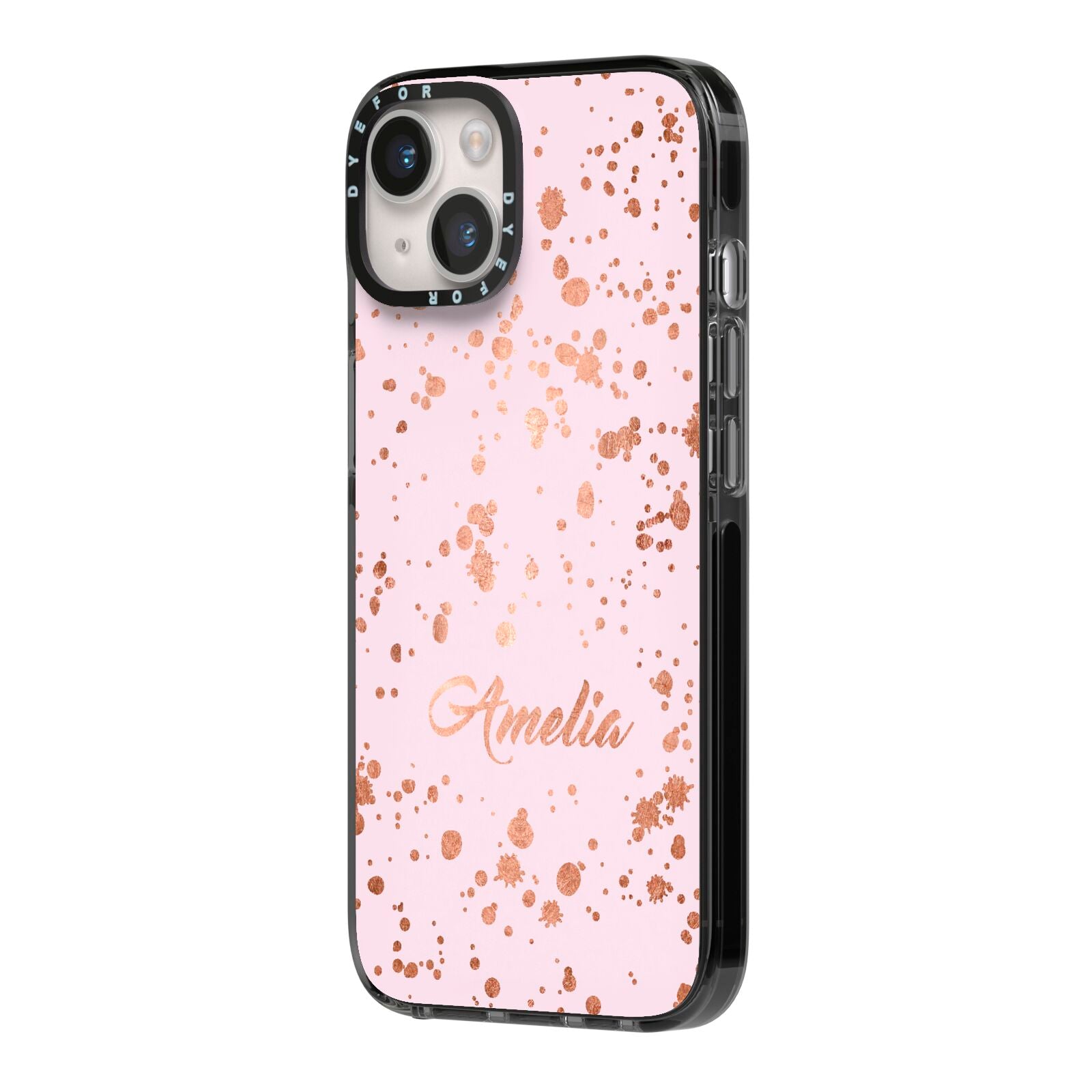 Personalised Pink Copper Splats Name iPhone 14 Black Impact Case Side Angle on Silver phone
