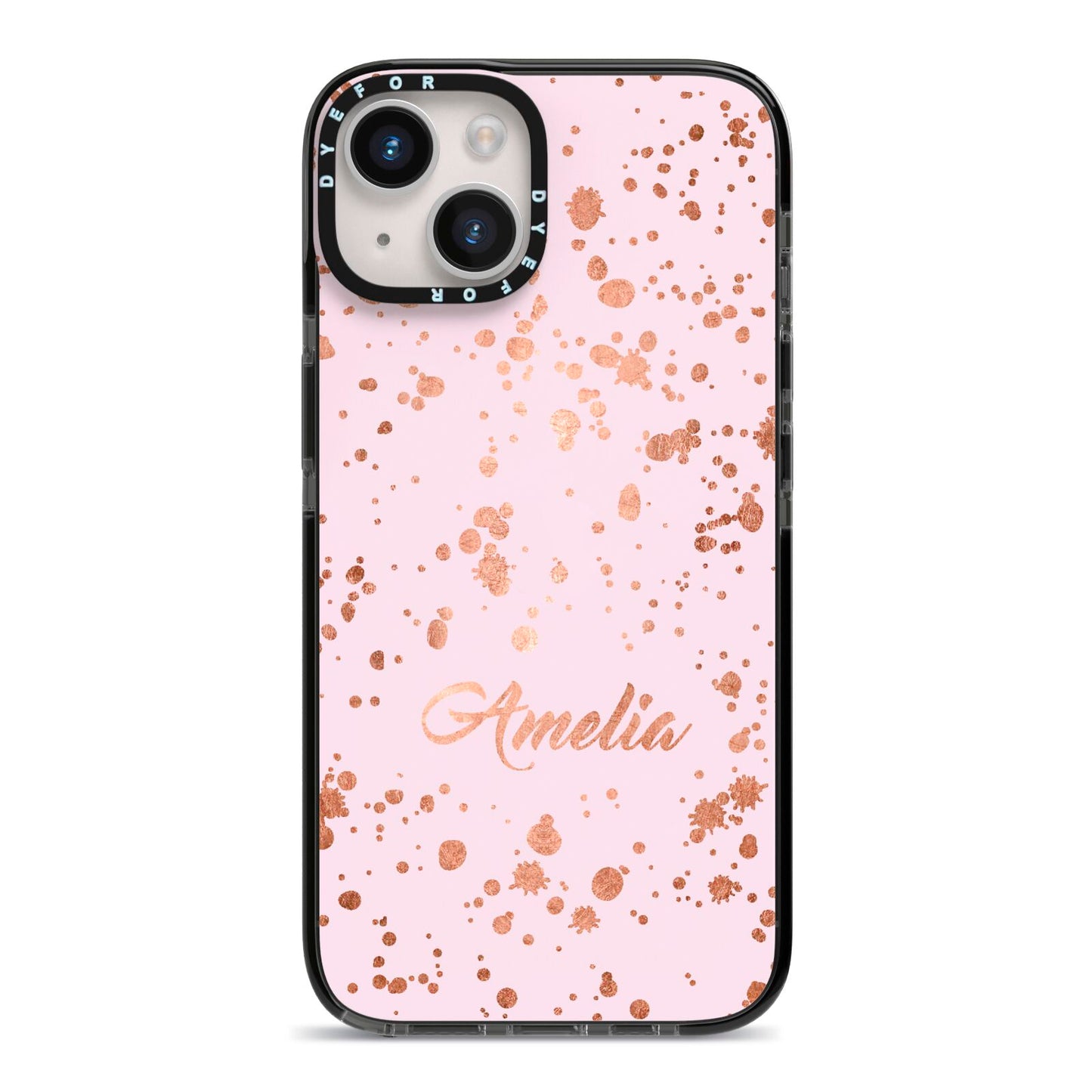 Personalised Pink Copper Splats Name iPhone 14 Black Impact Case on Silver phone