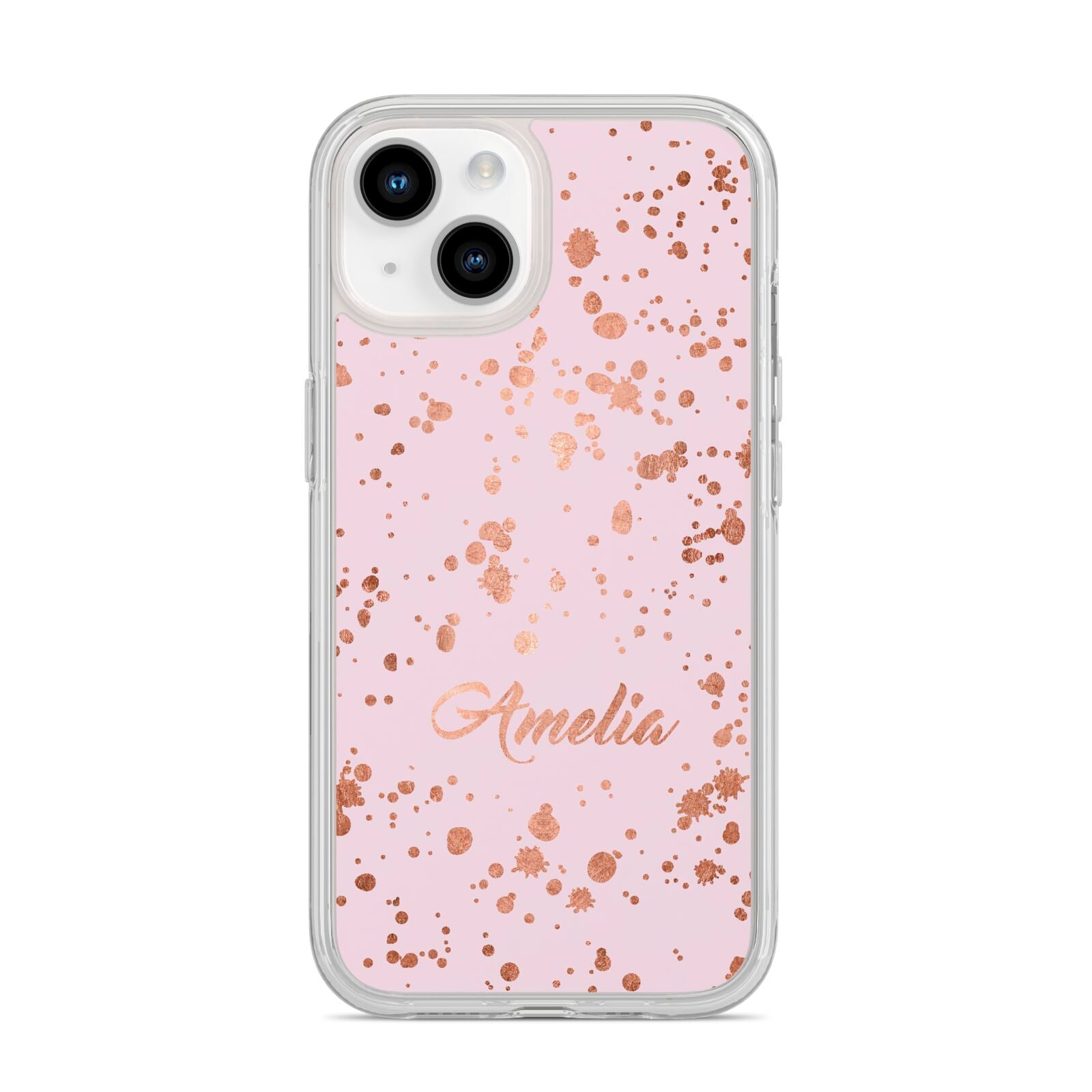 Personalised Pink Copper Splats Name iPhone 14 Clear Tough Case Starlight