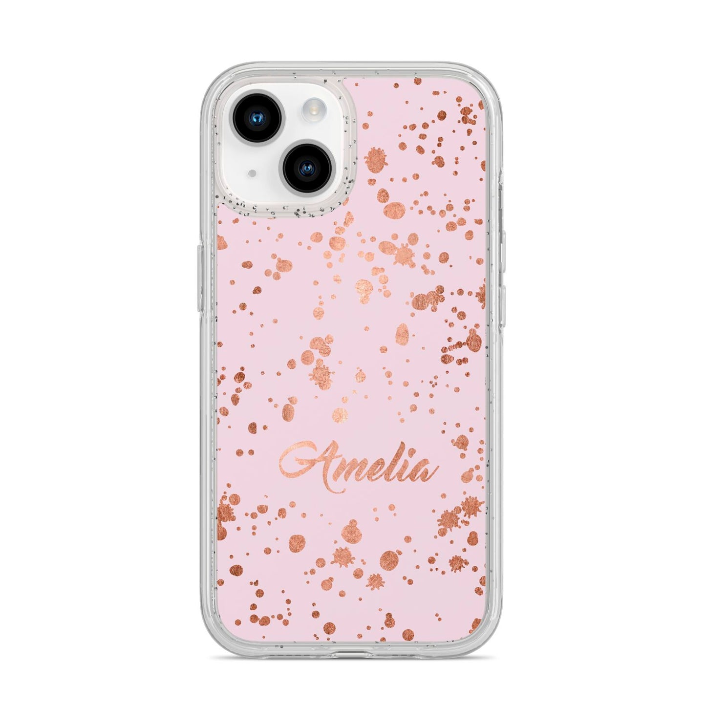 Personalised Pink Copper Splats Name iPhone 14 Glitter Tough Case Starlight