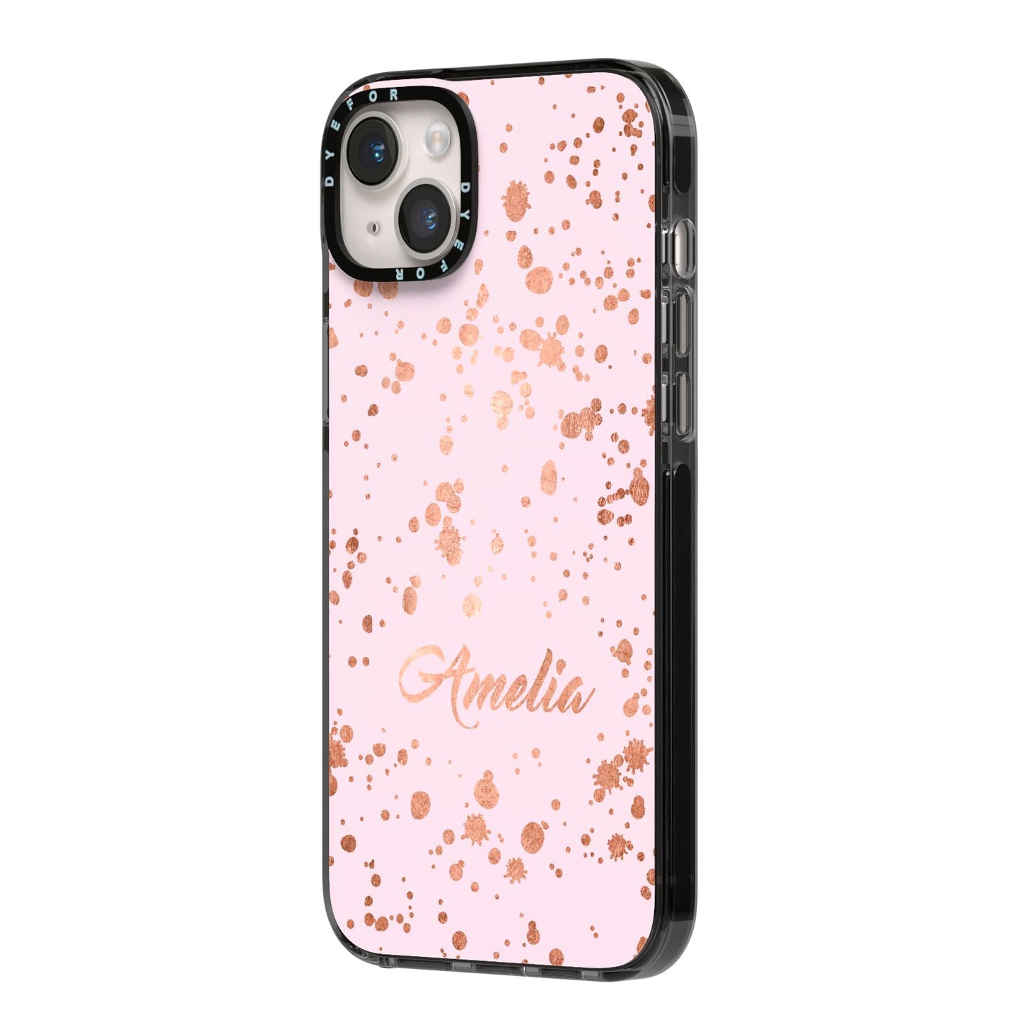 Personalised Pink Copper Splats Name iPhone 14 Plus Black Impact Case Side Angle on Silver phone