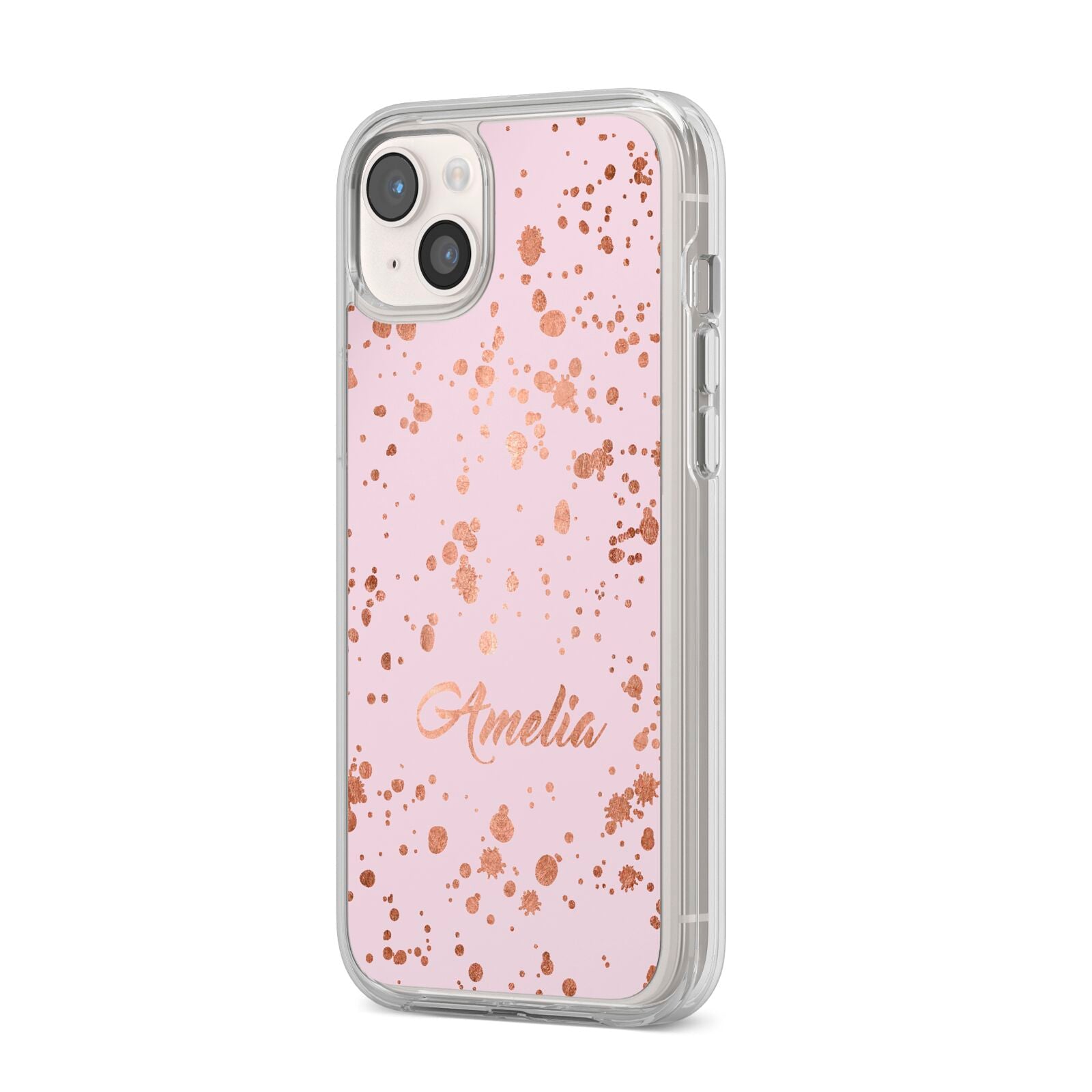 Personalised Pink Copper Splats Name iPhone 14 Plus Clear Tough Case Starlight Angled Image