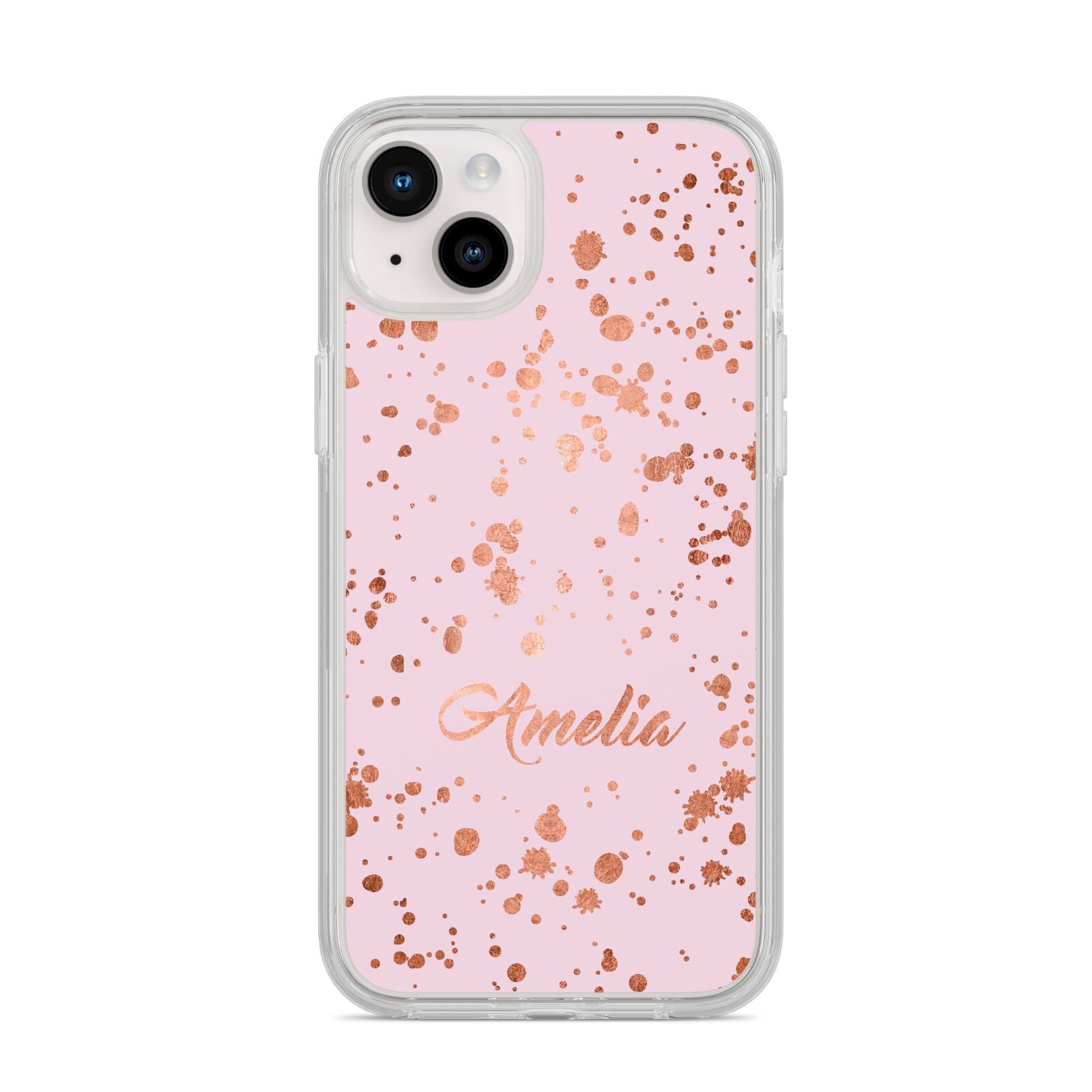 Personalised Pink Copper Splats Name iPhone 14 Plus Clear Tough Case Starlight