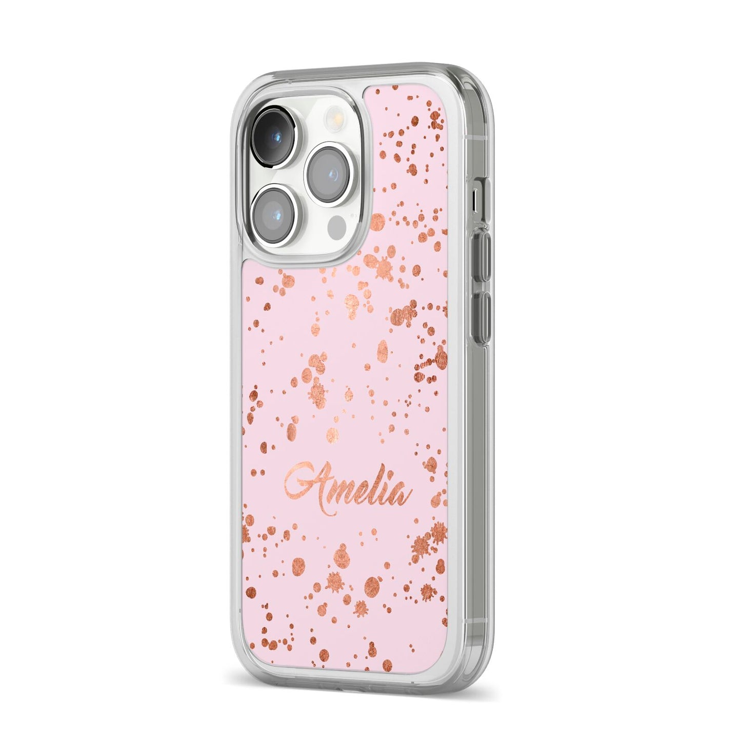 Personalised Pink Copper Splats Name iPhone 14 Pro Clear Tough Case Silver Angled Image