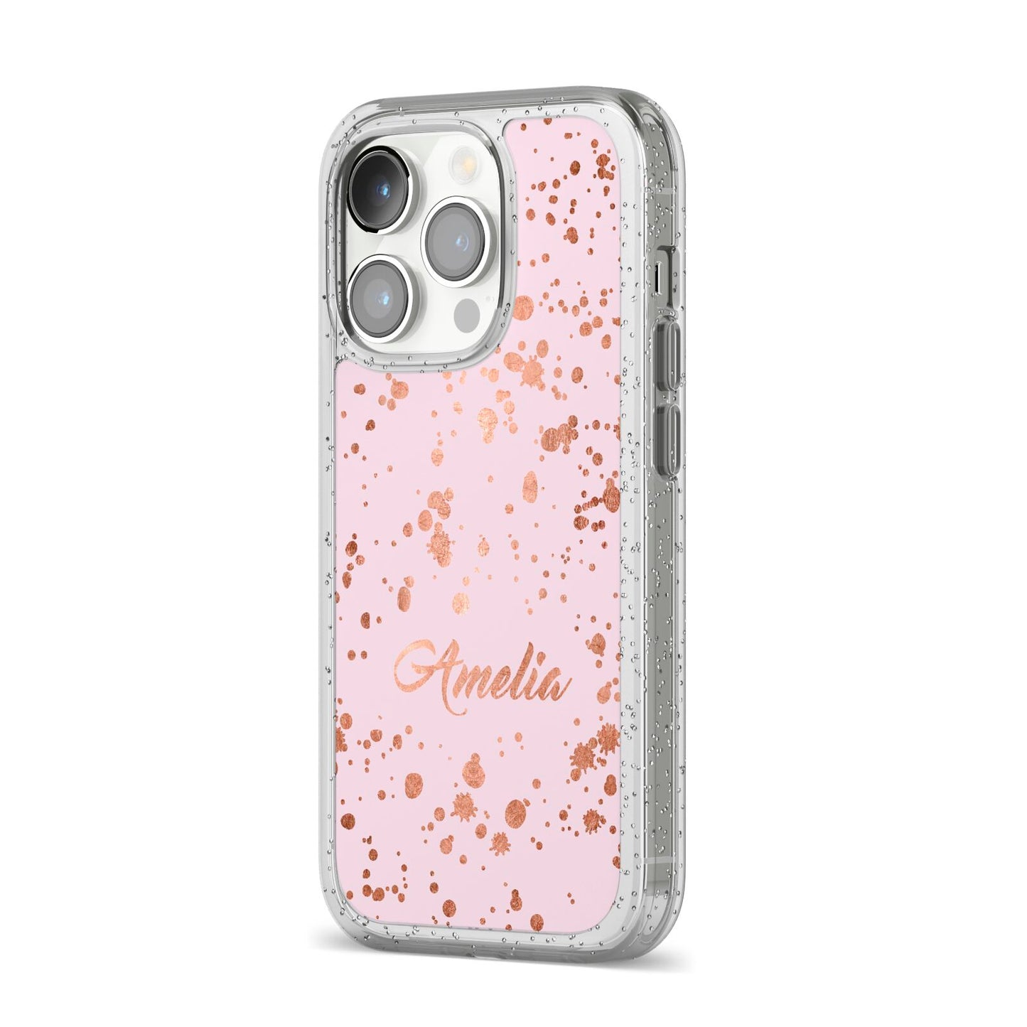 Personalised Pink Copper Splats Name iPhone 14 Pro Glitter Tough Case Silver Angled Image