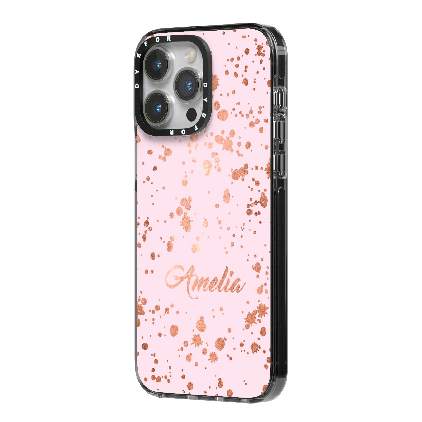 Personalised Pink Copper Splats Name iPhone 14 Pro Max Black Impact Case Side Angle on Silver phone