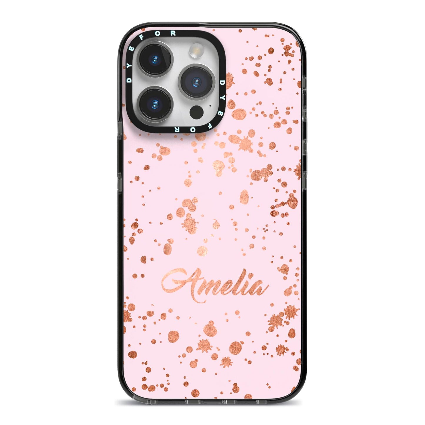 Personalised Pink Copper Splats Name iPhone 14 Pro Max Black Impact Case on Silver phone