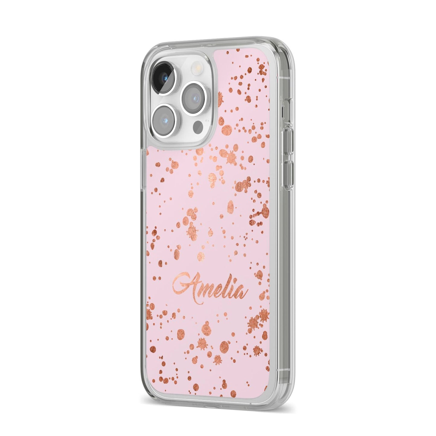 Personalised Pink Copper Splats Name iPhone 14 Pro Max Clear Tough Case Silver Angled Image